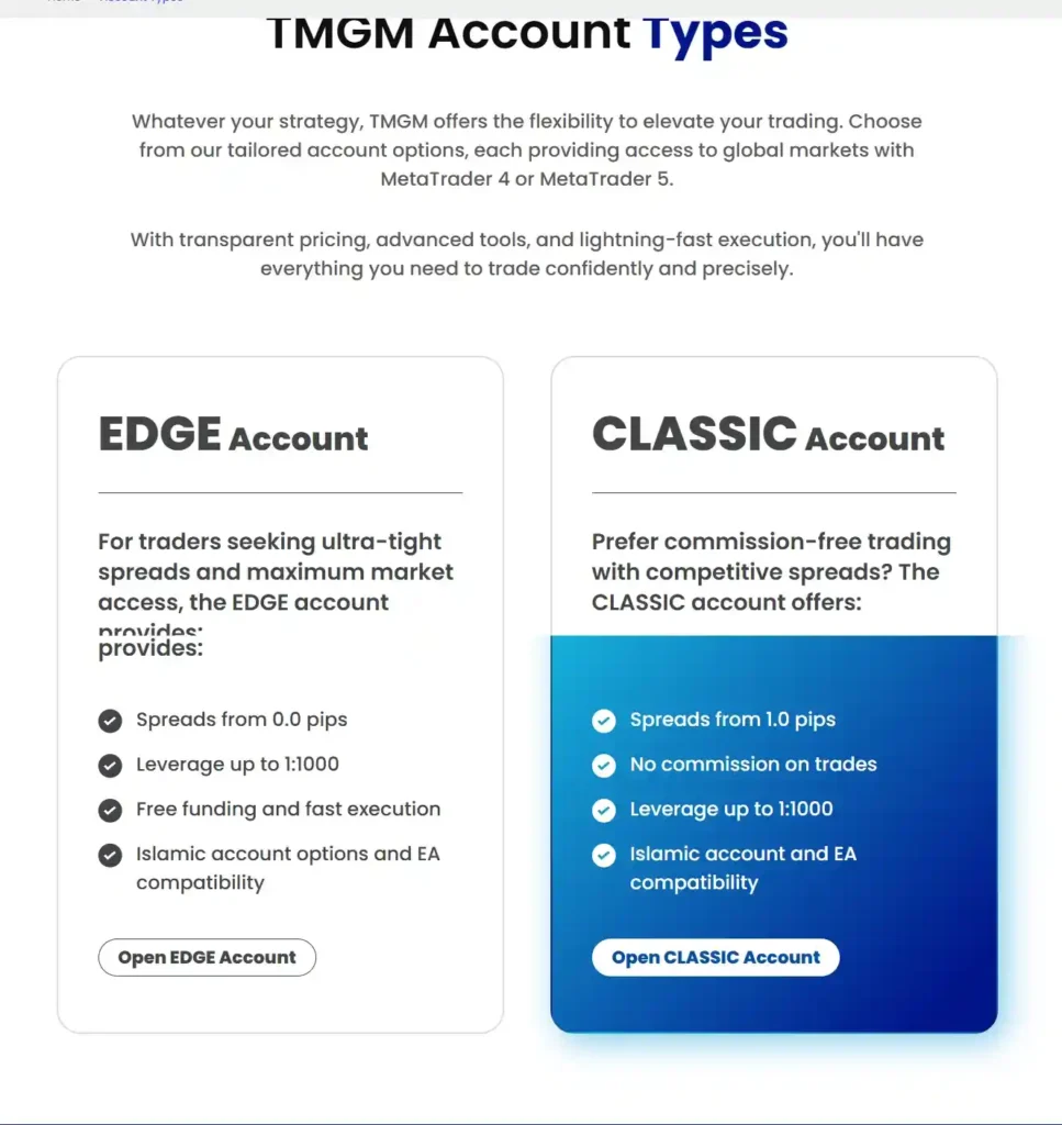TMGM Edge and Classic account comparison showing spreads and commission structure - MonkeyTrade TMGM Edge and Classic account comparison showing spreads and commission structure