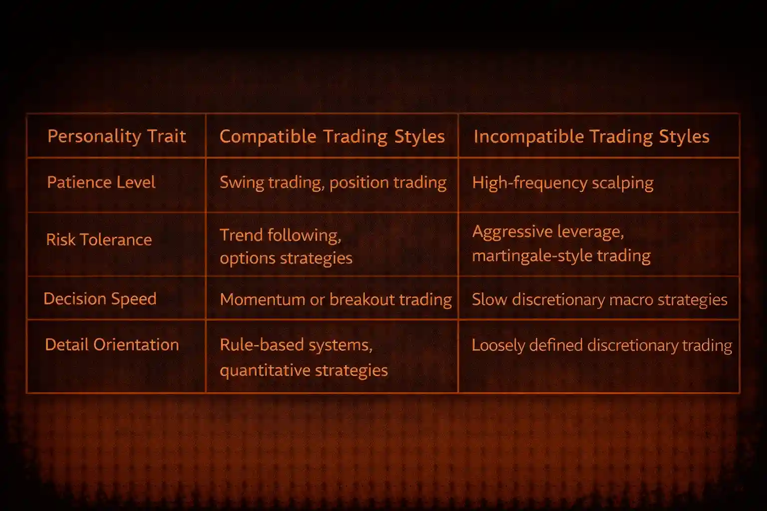 Table matching trader personality traits like patience and risk tolerance to compatible trading styles - MonkeyTrade Table matching trader personality traits like patience and risk tolerance to compatible trading styles