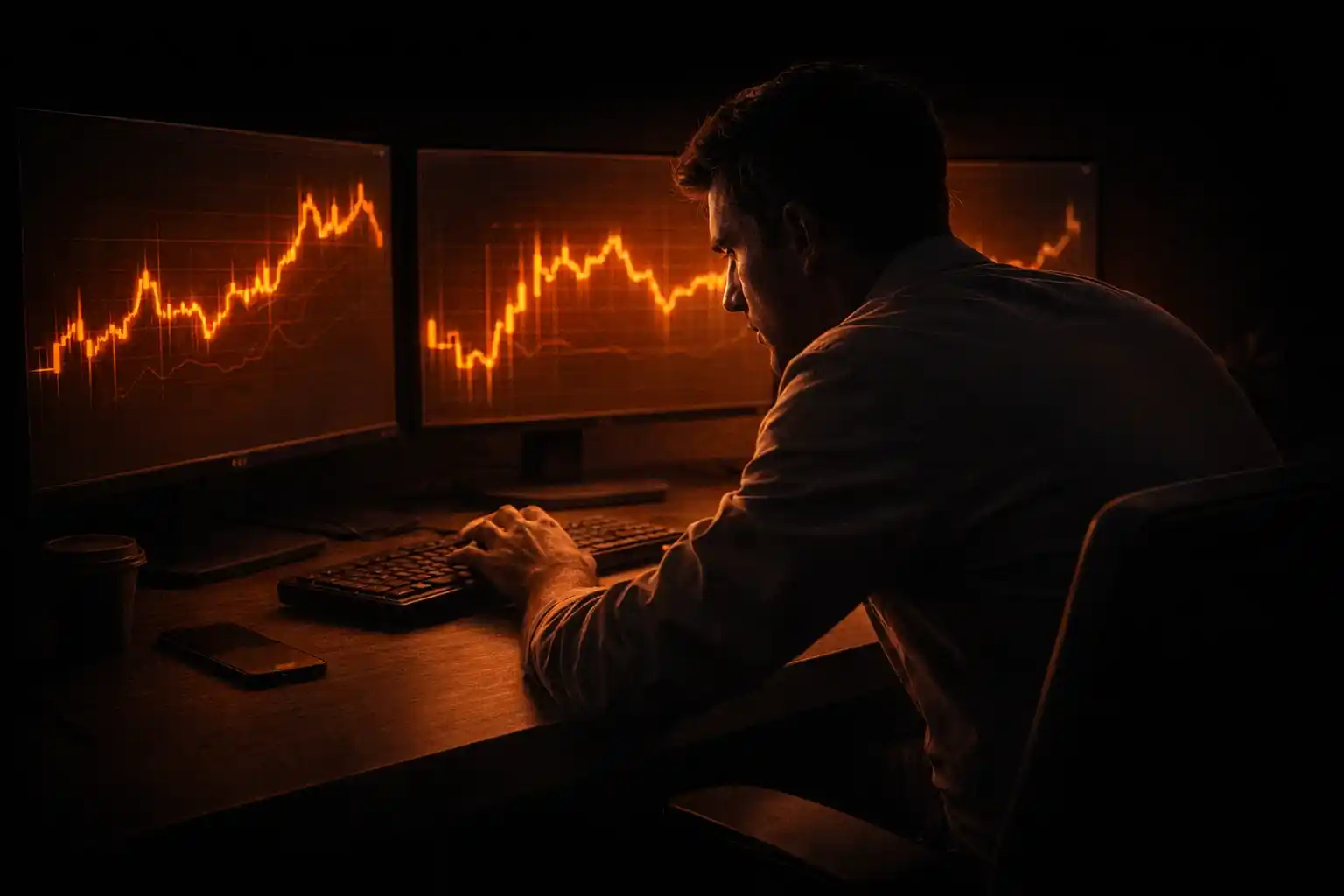 Tense trader leaning forward at multi-monitor desk with hand hovering over mouse, showing trading impatience - MonkeyTrade Tense trader leaning forward at multi-monitor desk with hand hovering over mouse, showing trading impatience