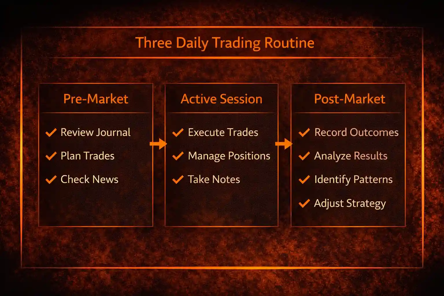 Three-phase daily trading routine flowchart showing pre-market, active session, and post-market tasks - MonkeyTrade Three-phase daily trading routine flowchart showing pre-market, active session, and post-market tasks