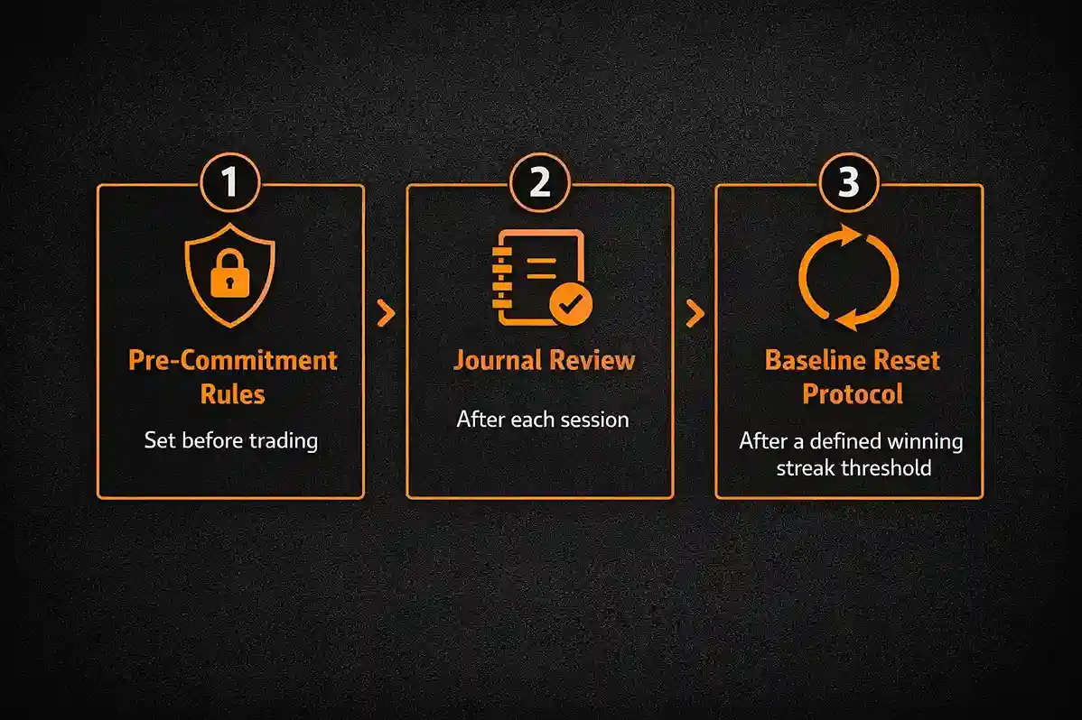 Three-step framework for protecting trading gains showing pre-commitment rules, journal review, and baseline reset protocol - MonkeyTrade Three-step framework for protecting trading gains showing pre-commitment rules, journal review, and baseline reset protocol