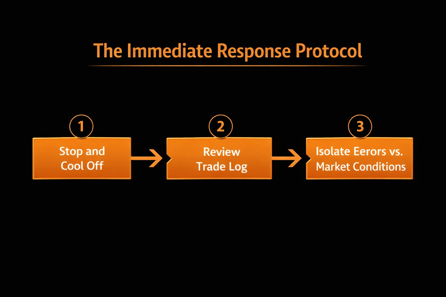 Three-step losing streak response flowchart: stop and cool off, review trade log, isolate errors - MonkeyTrade Three-step losing streak response flowchart: stop and cool off, review trade log, isolate errors