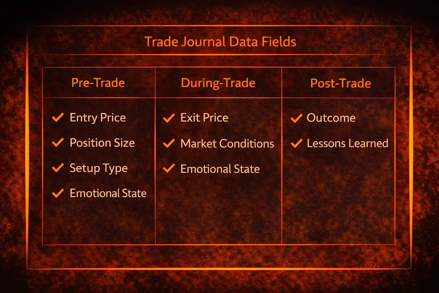 Trade journal data fields organized into pre-trade, during-trade, and post-trade categories - MonkeyTrade Trade journal data fields organized into pre-trade, during-trade, and post-trade categories
