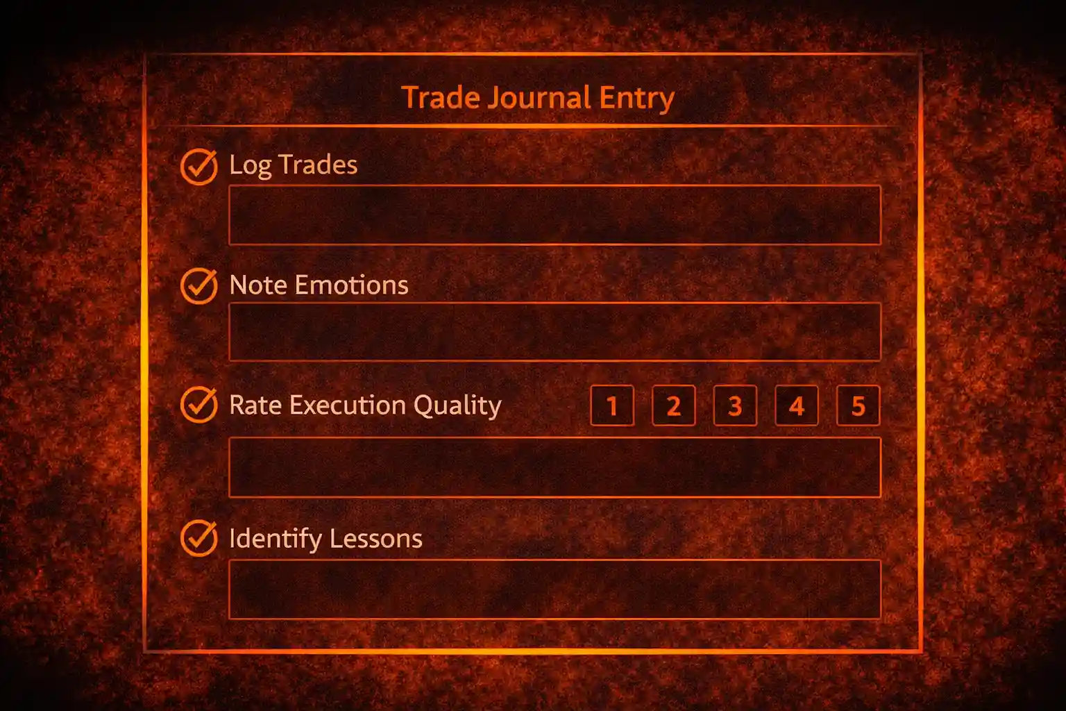 Trade journal entry template showing post-session review checklist with trade log, emotions, and lessons - MonkeyTrade Trade journal entry template showing post-session review checklist with trade log, emotions, and lessons