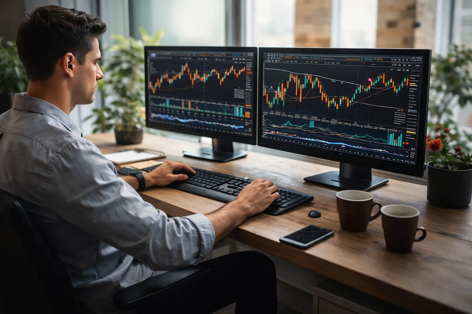 Trader analysing multiple financial market charts on desktop screens