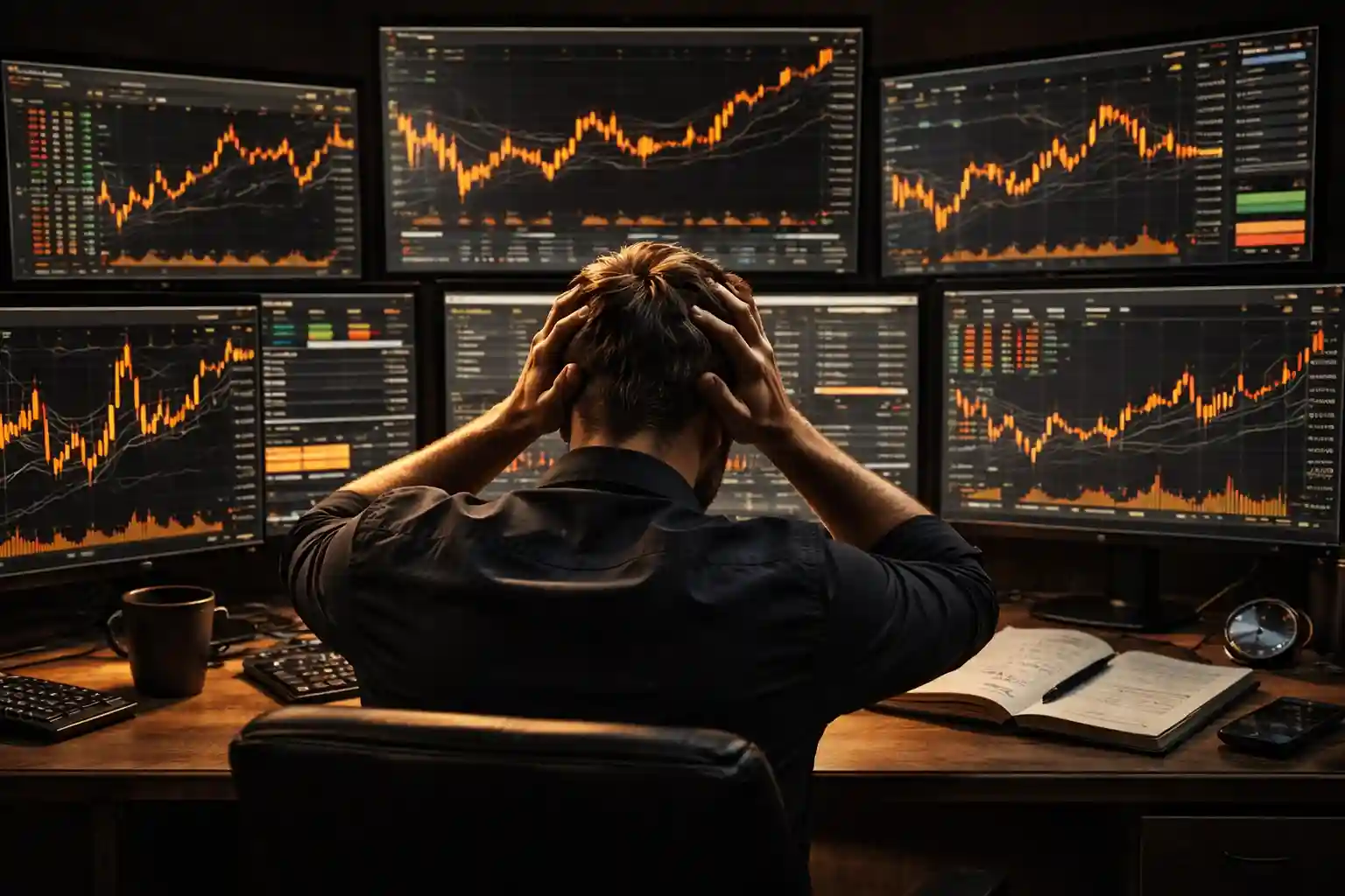 Trader at multi-monitor desk overwhelmed by numerous open chart windows showing decision overload - MonkeyTrade Trader at multi-monitor desk overwhelmed by numerous open chart windows showing decision overload