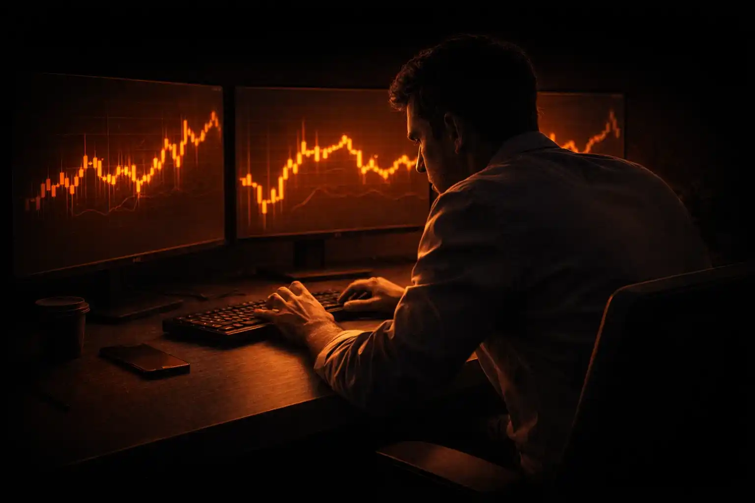 Trader experiencing internal conflict while watching price movements on trading screen