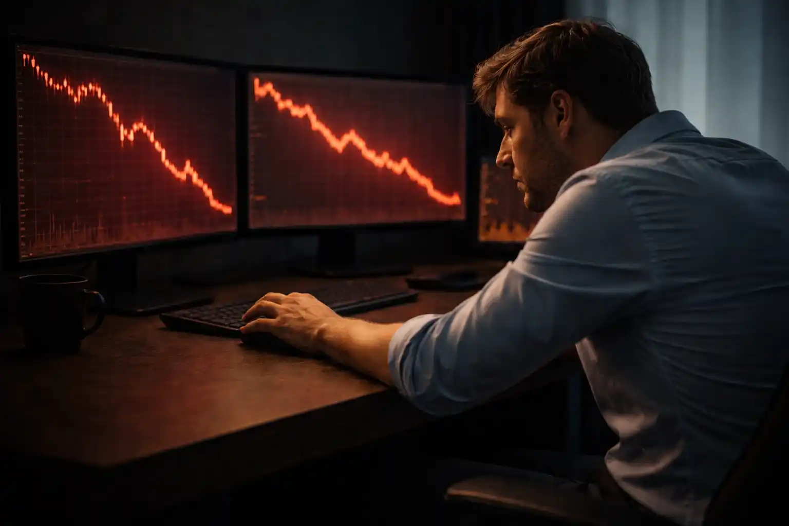 Trader hesitating at desk with declining charts, showing emotional conflict in trading decisions - MonkeyTrade Trader hesitating at desk with declining charts, showing emotional conflict in trading decisions