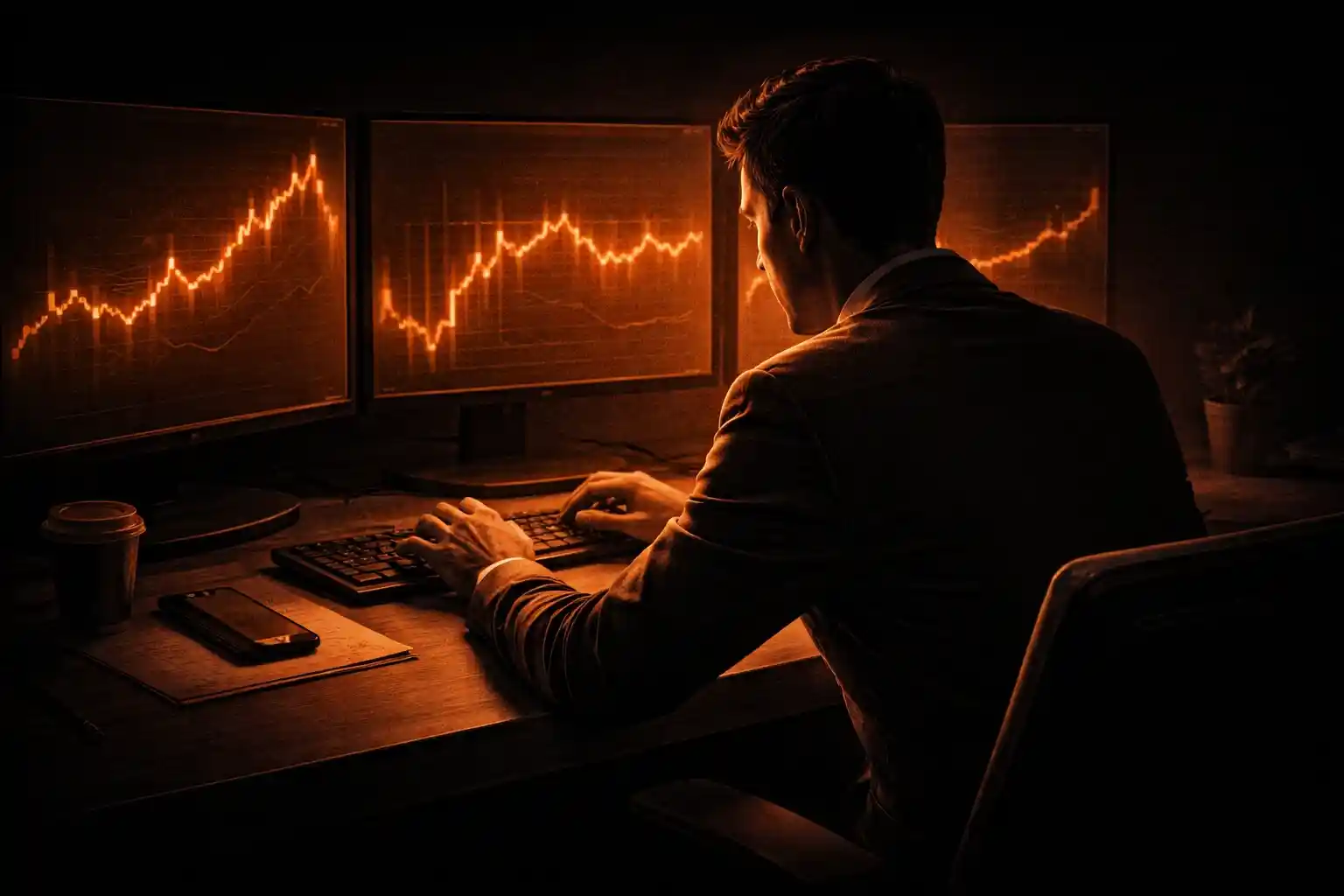 Trader hesitating before executing a trade, illustrating fear of losing money_11zon - MonkeyTrade Trader hesitating before executing a trade, illustrating fear of losing money_11zon