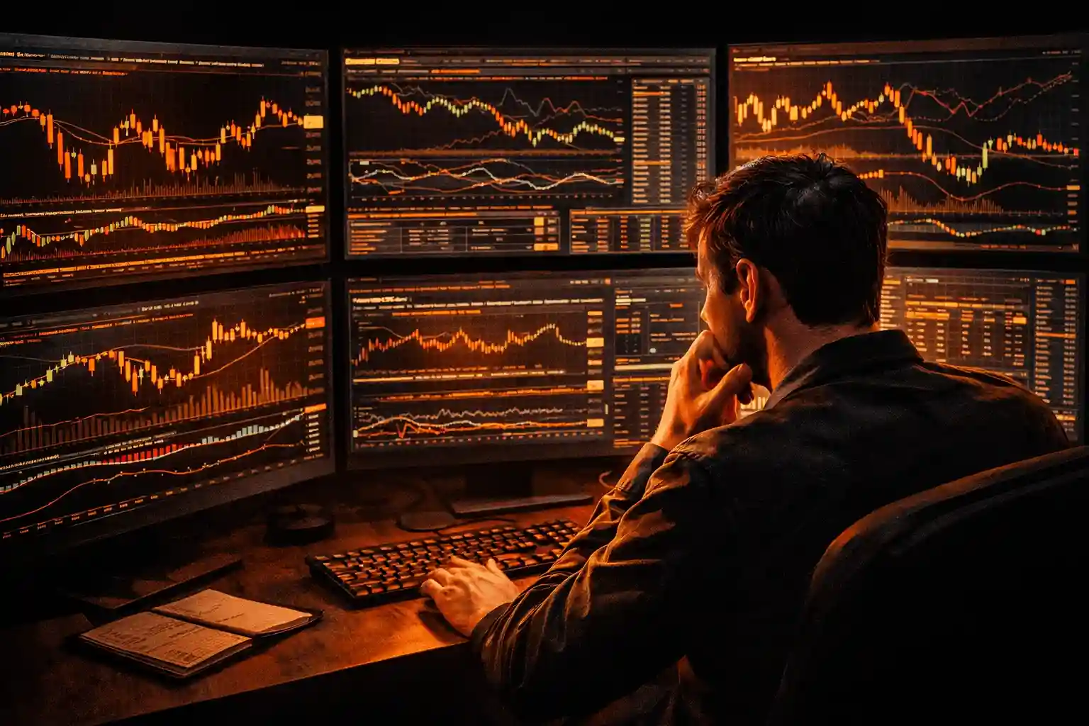 Trader overwhelmed by multiple monitors showing charts and indicators, hesitating to make a decision - MonkeyTrade Trader overwhelmed by multiple monitors showing charts and indicators, hesitating to make a decision