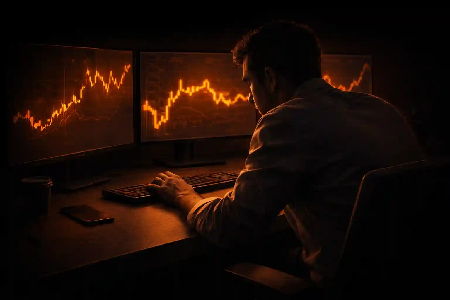 Trader pausing at a multi-monitor setup, reflecting before making a trade decision_11zon