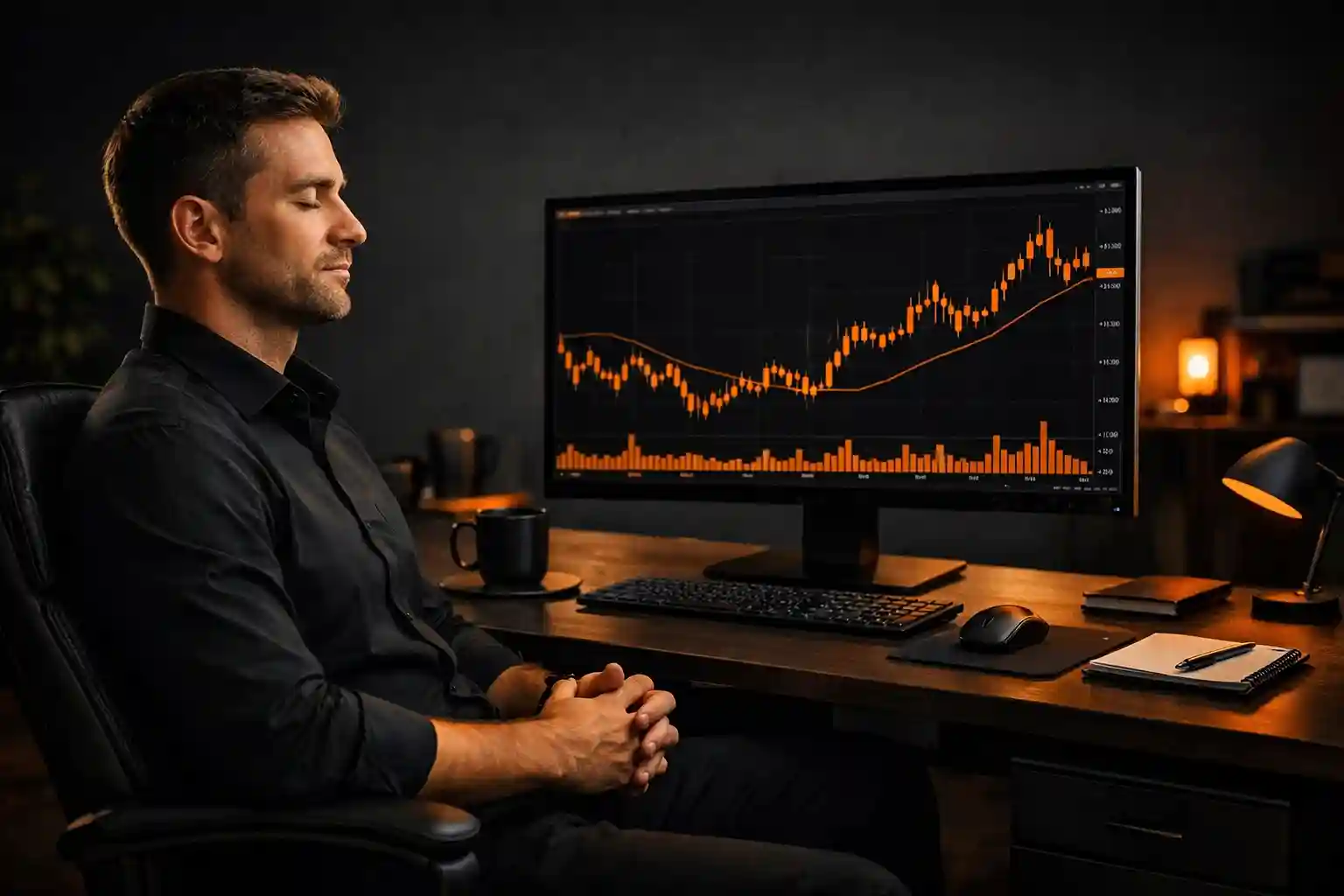 Trader practicing mindfulness at an organized trading desk with a single monitor showing a price chart - MonkeyTrade Trader practicing mindfulness at an organized trading desk with a single monitor showing a price chart