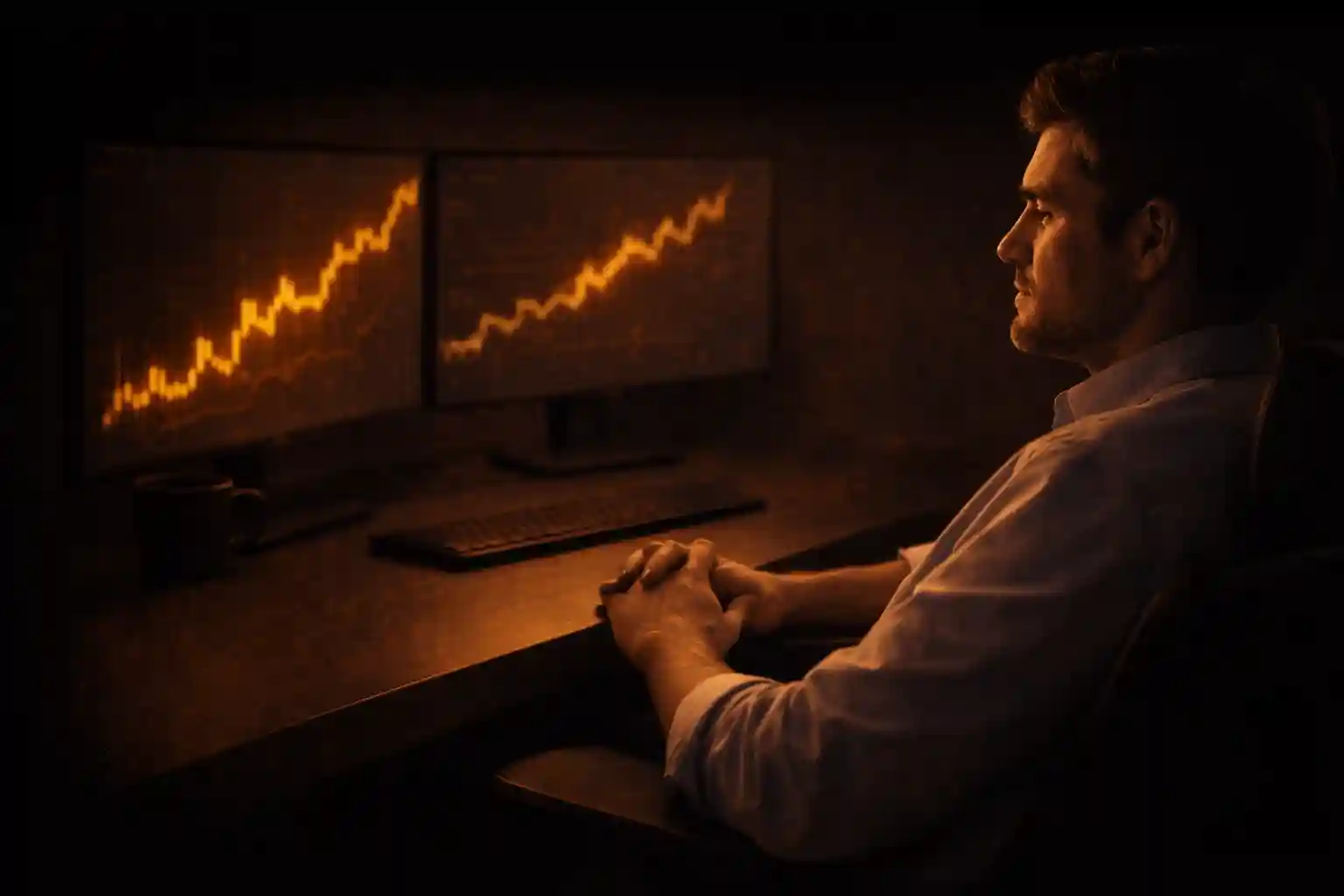 Trader reflecting calmly at desk after a successful trade, representing balanced pride in trading - MonkeyTrade Trader reflecting calmly at desk after a successful trade, representing balanced pride in trading