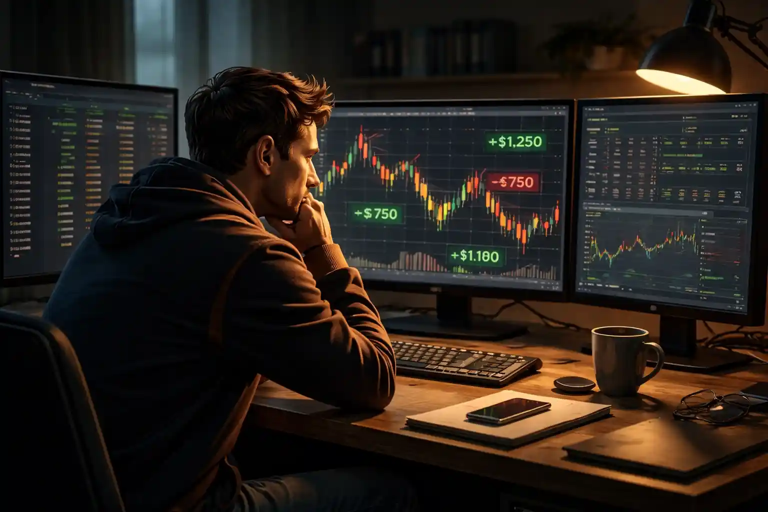 Trader reviewing mixed trading results on multiple screens at a desk - MonkeyTrade Trader reviewing mixed trading results on multiple screens at a desk