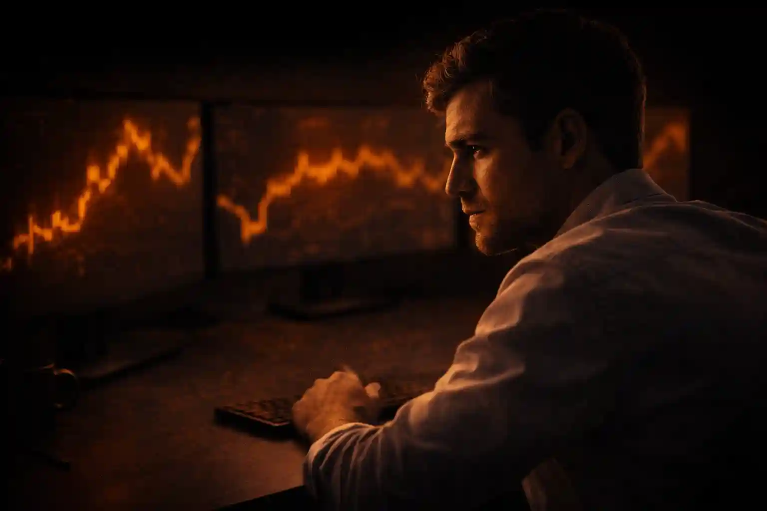 Trader sitting at desk with a contemplative expression, blurred trading screens in background - MonkeyTrade Trader sitting at desk with a contemplative expression, blurred trading screens in background