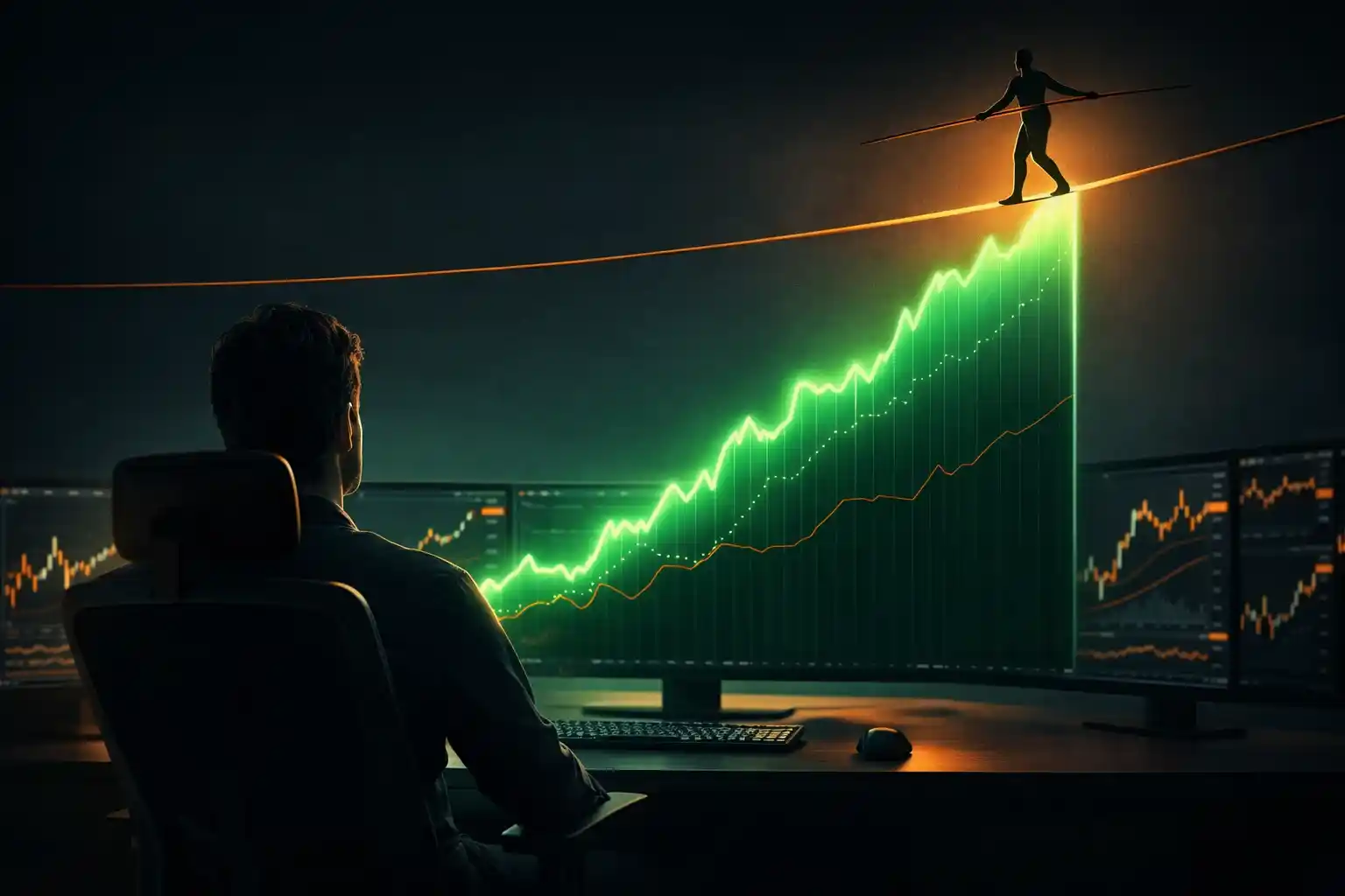 Trader viewing a rising equity curve with a tightrope metaphor illustrating the fragility of discipline during a winning streak - MonkeyTrade Trader viewing a rising equity curve with a tightrope metaphor illustrating the fragility of discipline during a winning streak