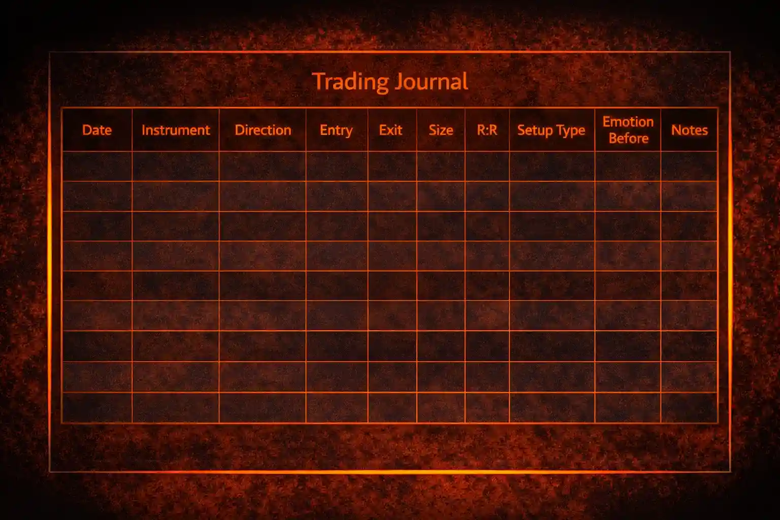 Trading journal template layout with column headers for trade data, strategy, and psychology fields - MonkeyTrade Trading journal template layout with column headers for trade data, strategy, and psychology fields