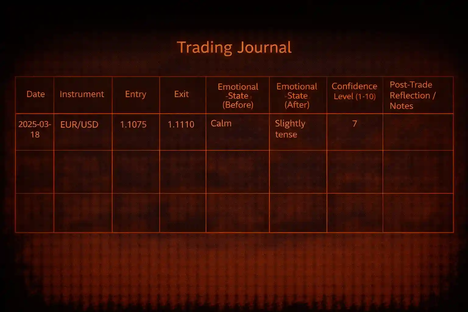 Trading journal template with columns for trade data, emotional state, confidence level, and post-trade reflection - MonkeyTrade Trading journal template with columns for trade data, emotional state, confidence level, and post-trade reflection