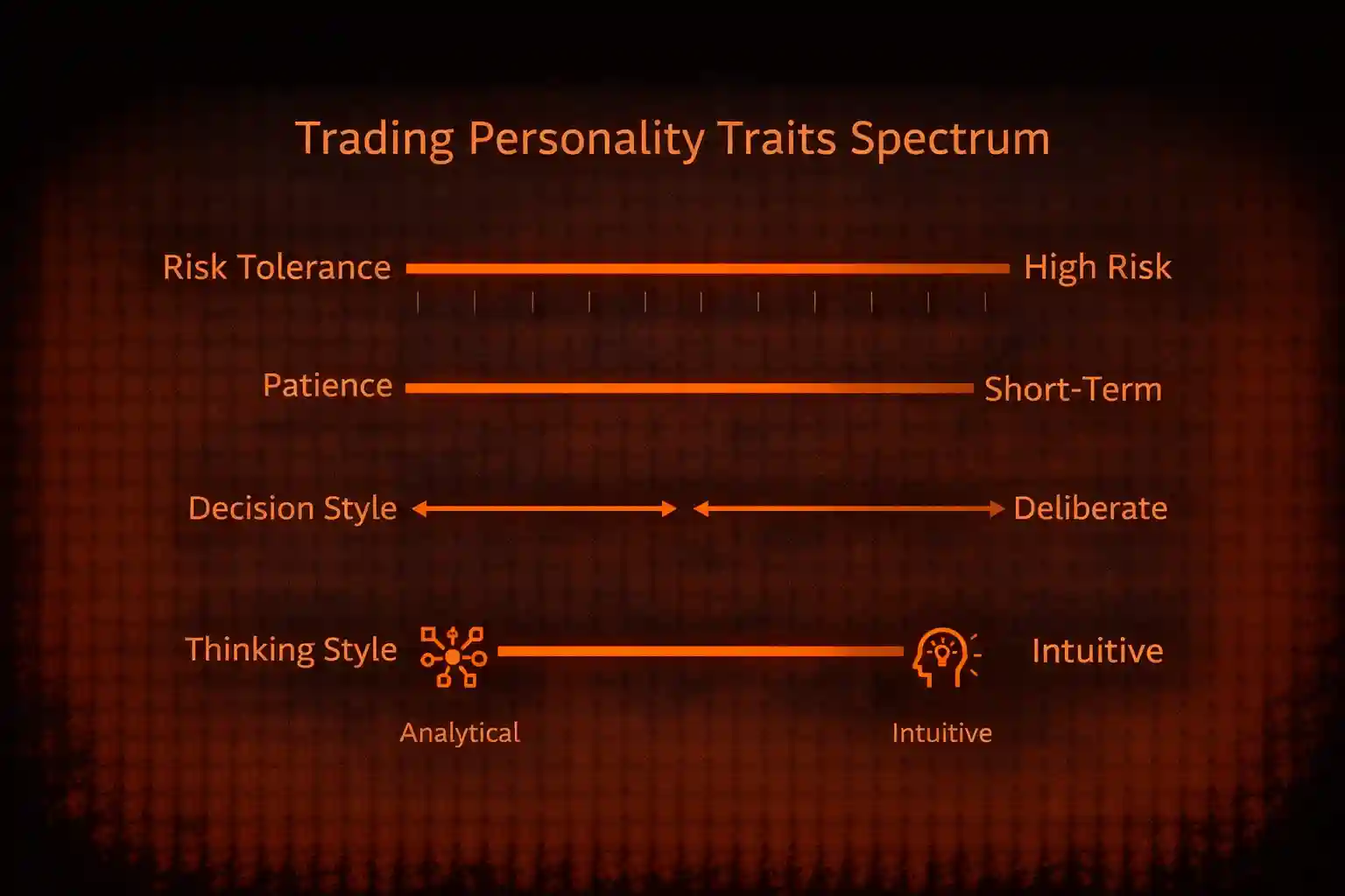 Trading personality traits spectrum diagram showing risk tolerance, patience, decision style, and analytical versus intuitive dimensions - MonkeyTrade Trading personality traits spectrum diagram showing risk tolerance, patience, decision style, and analytical versus intuitive dimensions