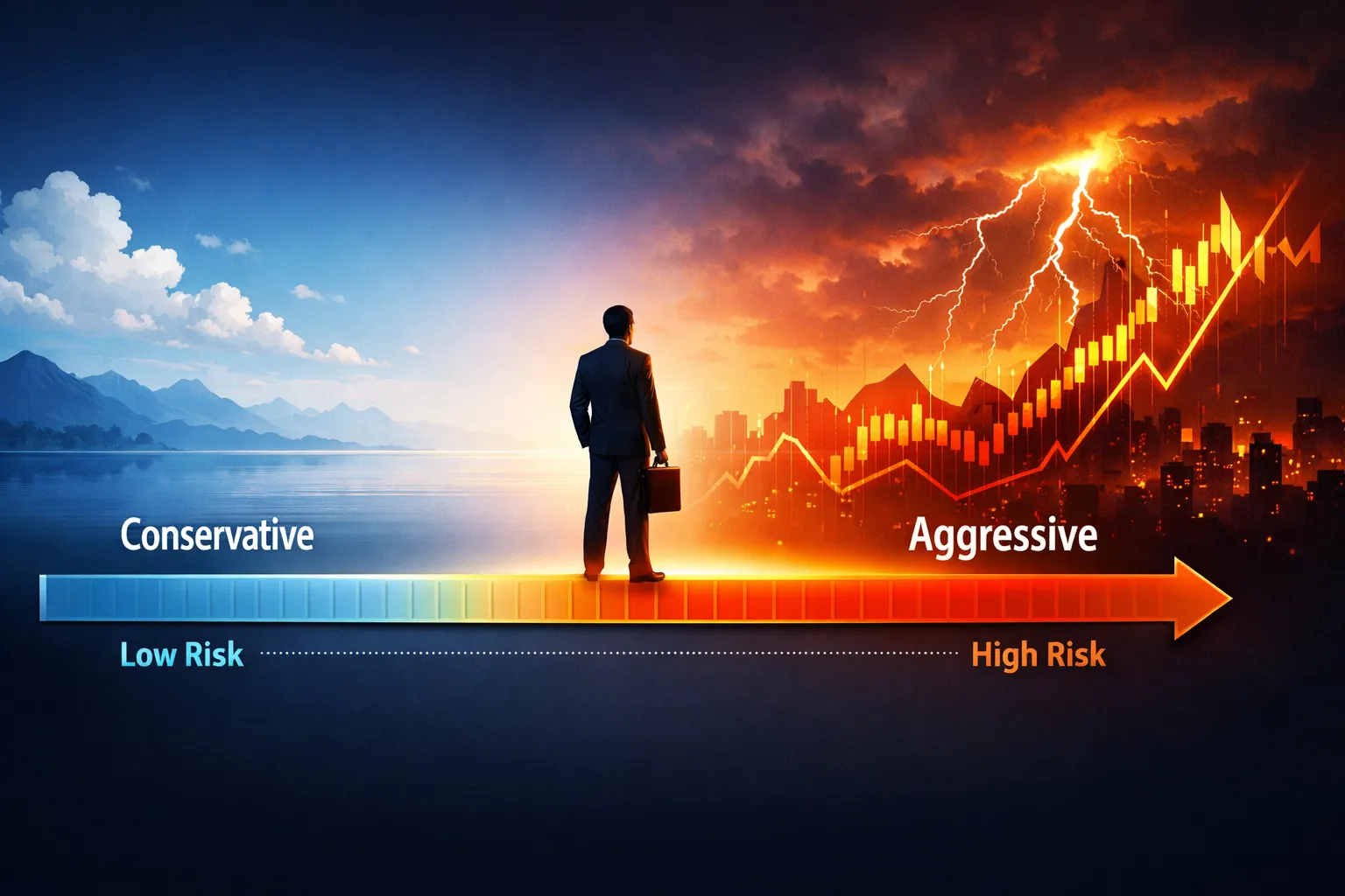 Trading risk profile spectrum showing conservative to aggressive risk levels - MonkeyTrade Trading risk profile spectrum showing conservative to aggressive risk levels