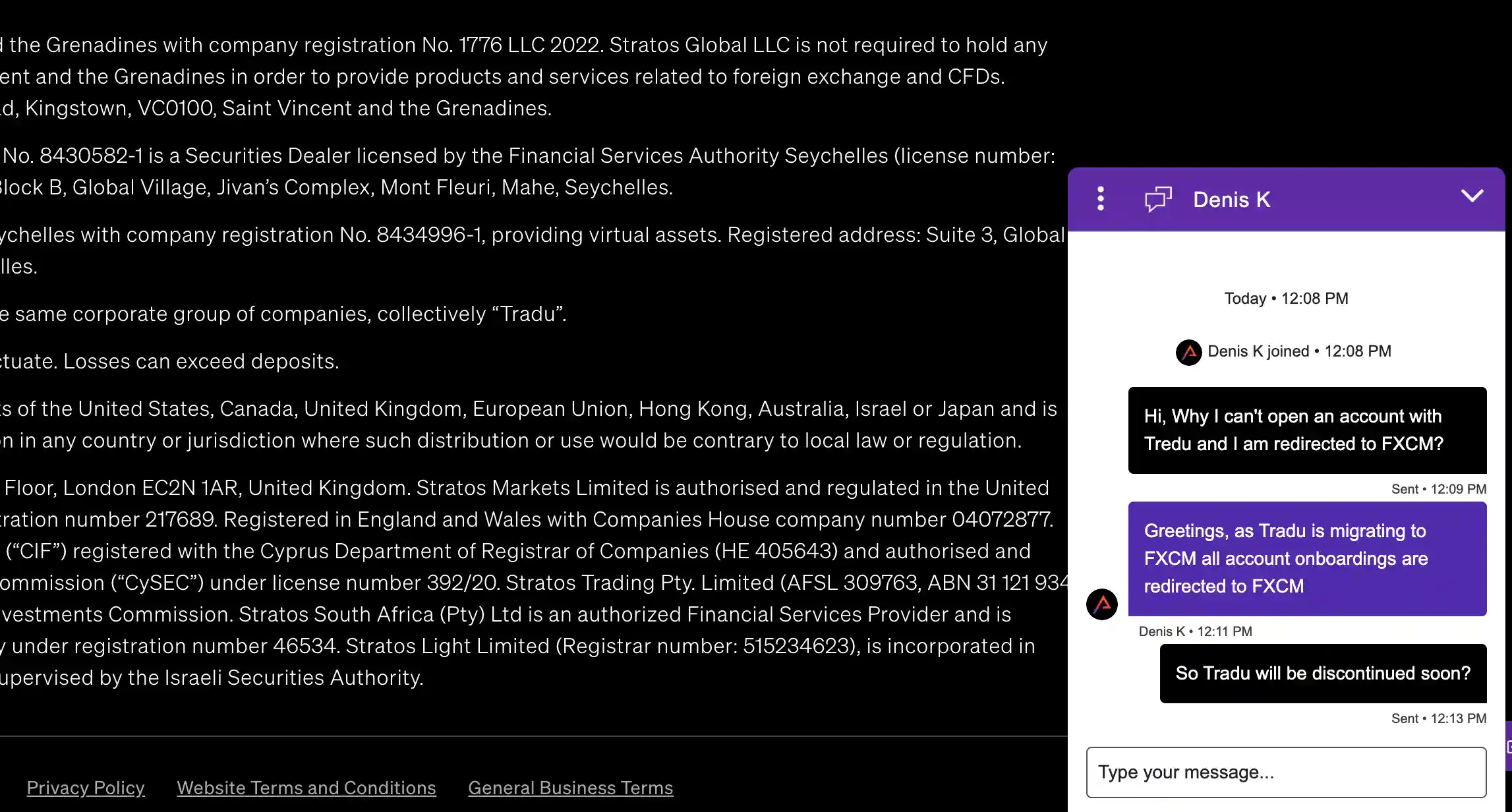 Tradu live chat confirming CFD account migration to FXCM in 2026 - MonkeyTrade Tradu live chat confirming CFD account migration to FXCM in 2026