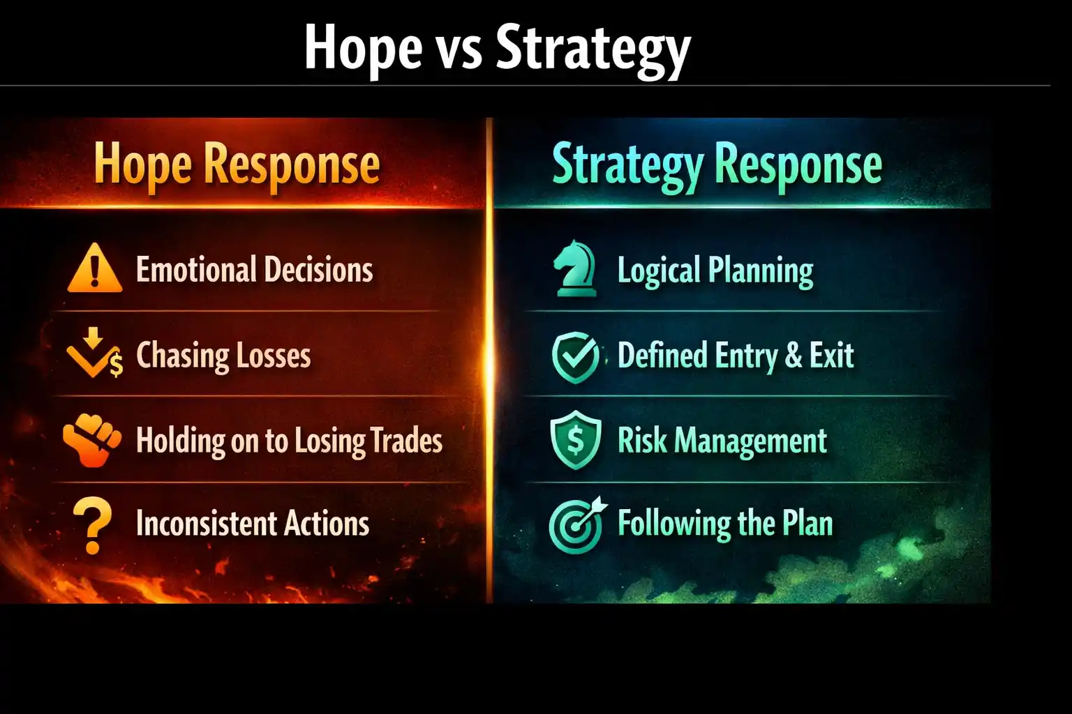 Two-column comparison graphic contrasting hope-based trading responses with strategy-based trading responses - MonkeyTrade Two-column comparison graphic contrasting hope-based trading responses with strategy-based trading responses