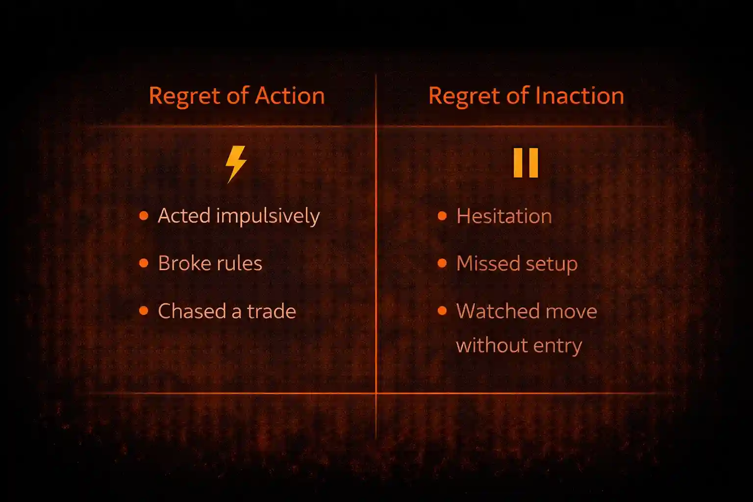 Two-column comparison infographic showing the characteristics of regret of action versus regret of inaction in trading - MonkeyTrade Two-column comparison infographic showing the characteristics of regret of action versus regret of inaction in trading