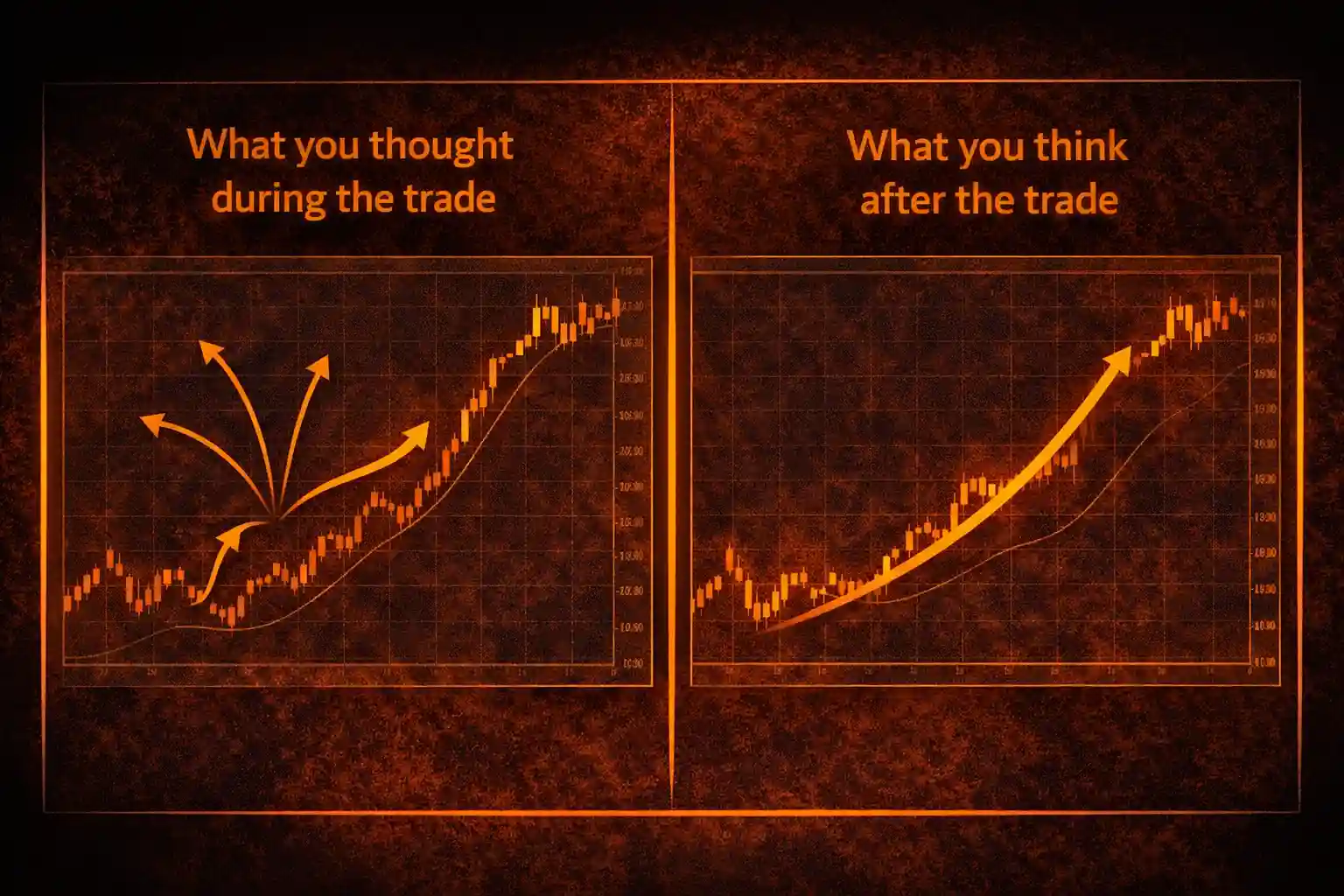 Two-panel comparison showing trading uncertainty during a trade versus false clarity after knowing the outcome - MonkeyTrade Two-panel comparison showing trading uncertainty during a trade versus false clarity after knowing the outcome