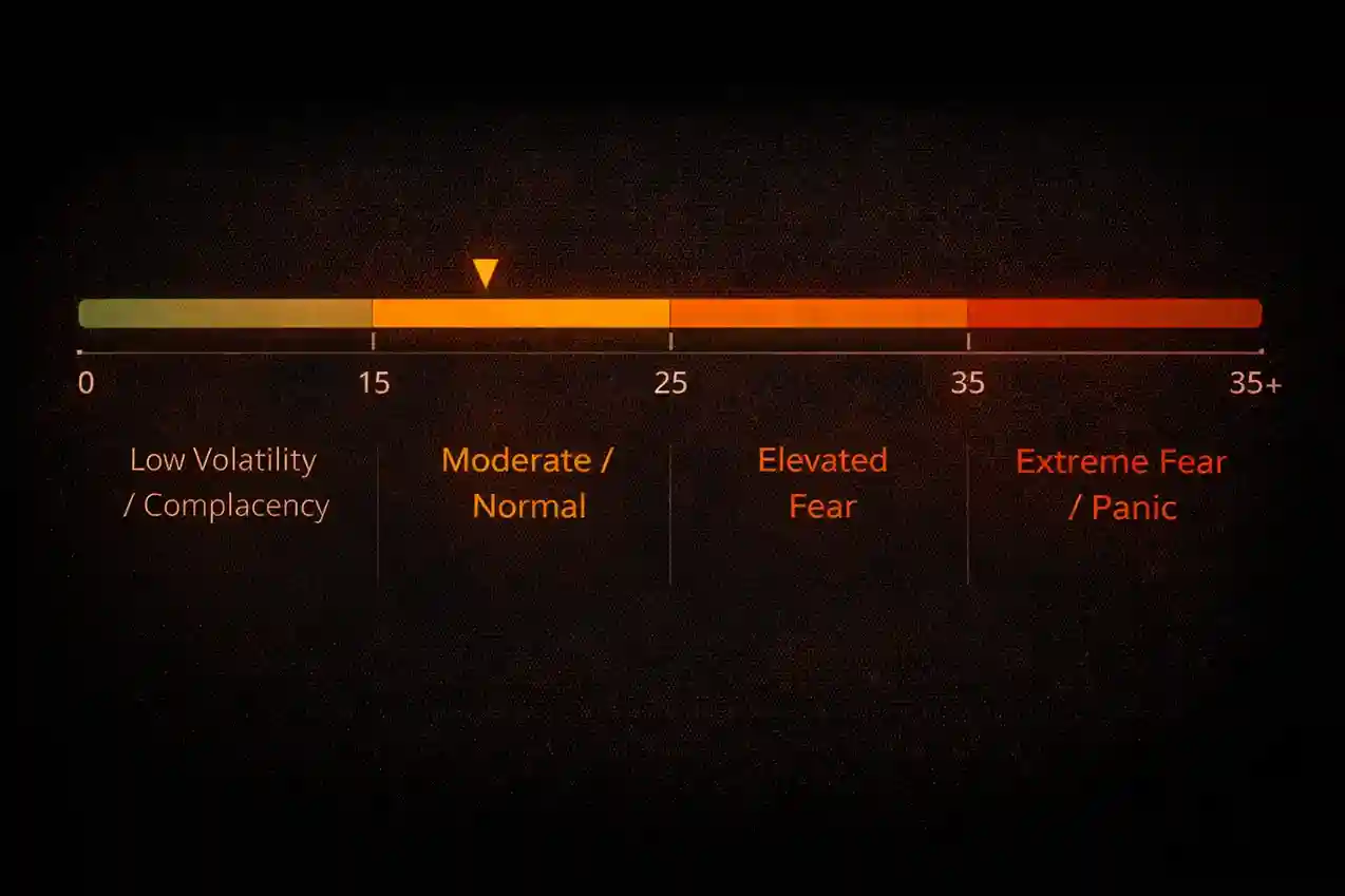 VIX interpretation scale showing low volatility below 15, moderate range 15 to 25, elevated fear 25 to 35, and extreme fear above 35