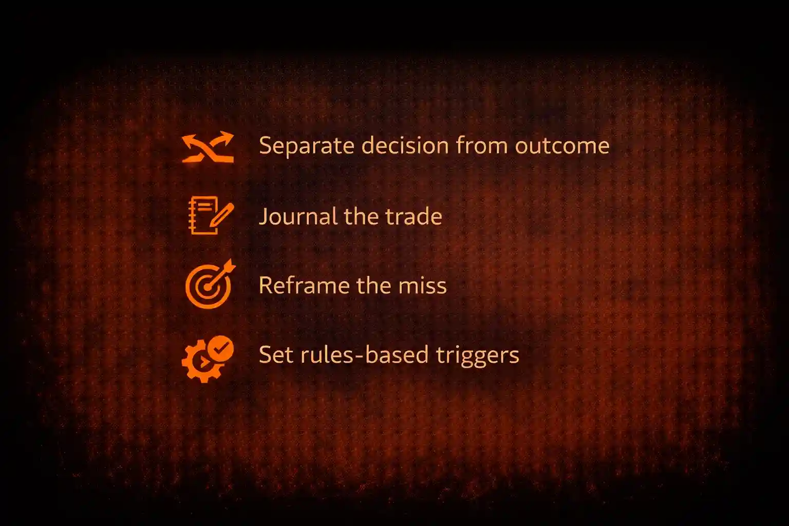 Visual checklist of four strategies for managing trading regret including separating decisions from outcomes, journaling, reframing, and rules-based triggers - MonkeyTrade Visual checklist of four strategies for managing trading regret including separating decisions from outcomes, journaling, reframing, and rules-based triggers