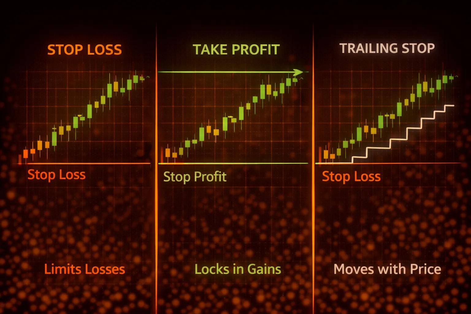Visual comparison of stop loss, take profit, and trailing stop order types