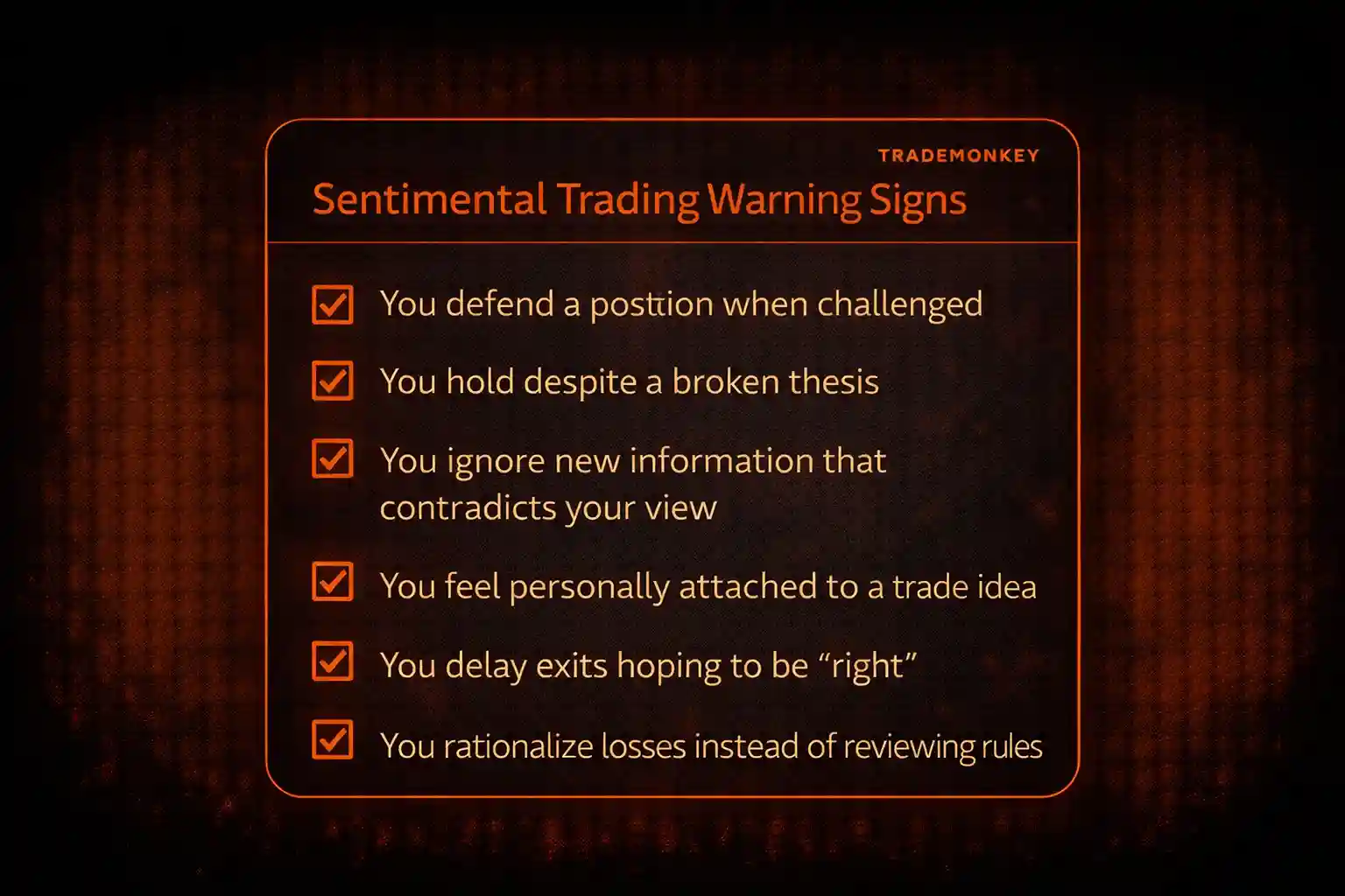 assessment checklist card with warning signs of sentimental trading bias for traders - MonkeyTrade assessment checklist card with warning signs of sentimental trading bias for traders