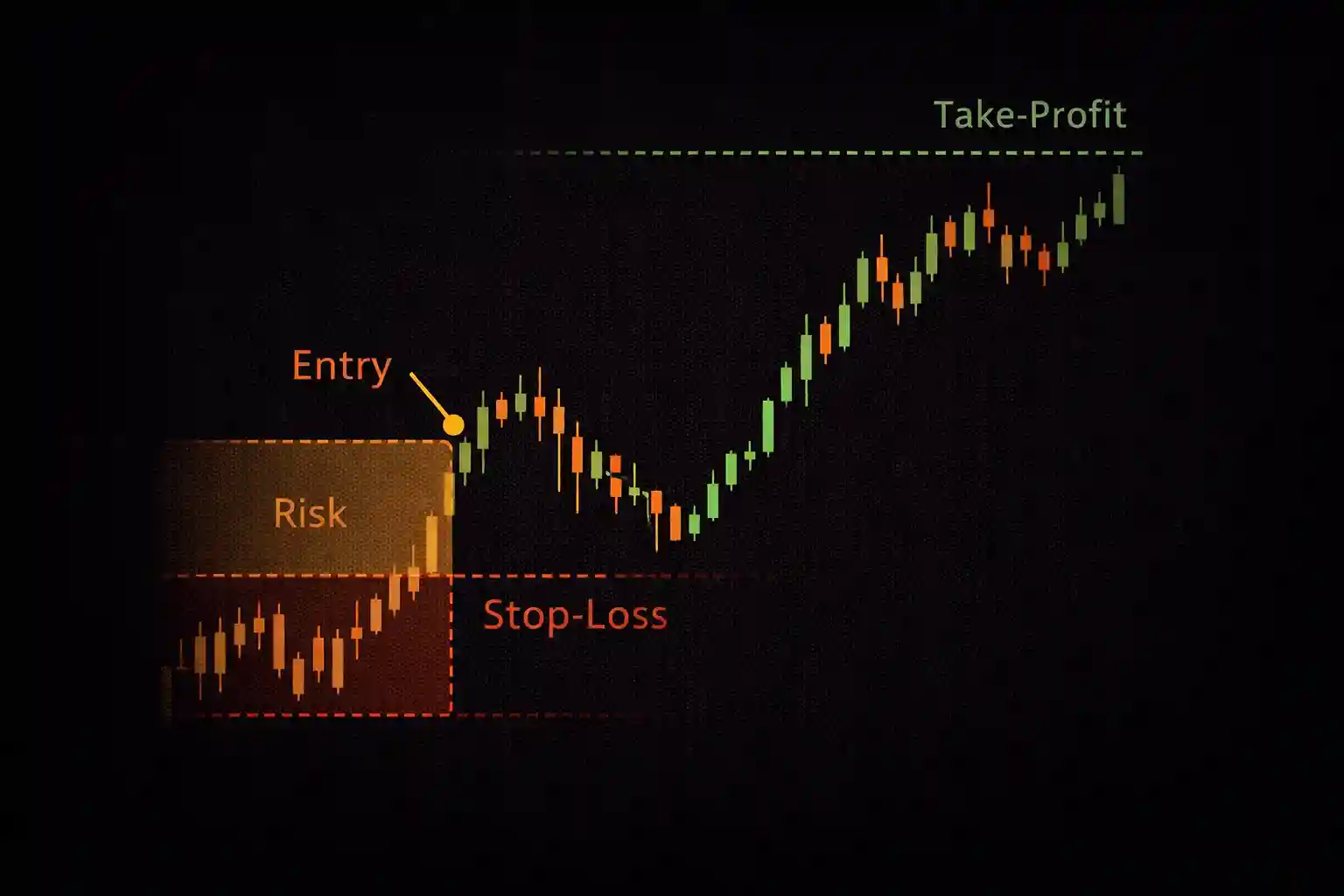 Annotated trading chart showing entry point with stop-loss level below and take-profit level above - MonkeyTrade Annotated trading chart showing entry point with stop-loss level below and take-profit level above