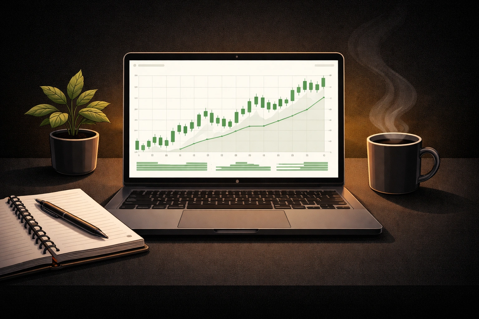 Beginner trading workspace with laptop showing a simplified trading chart notebook and coffee - MonkeyTrade Beginner trading workspace with laptop showing a simplified trading chart notebook and coffee