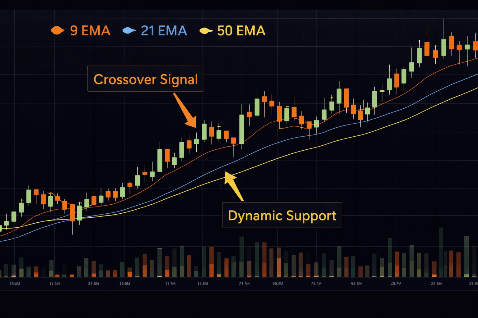 Candlestick chart with 9 EMA 21 EMA and 50 EMA showing crossover signals and dynamic support levels