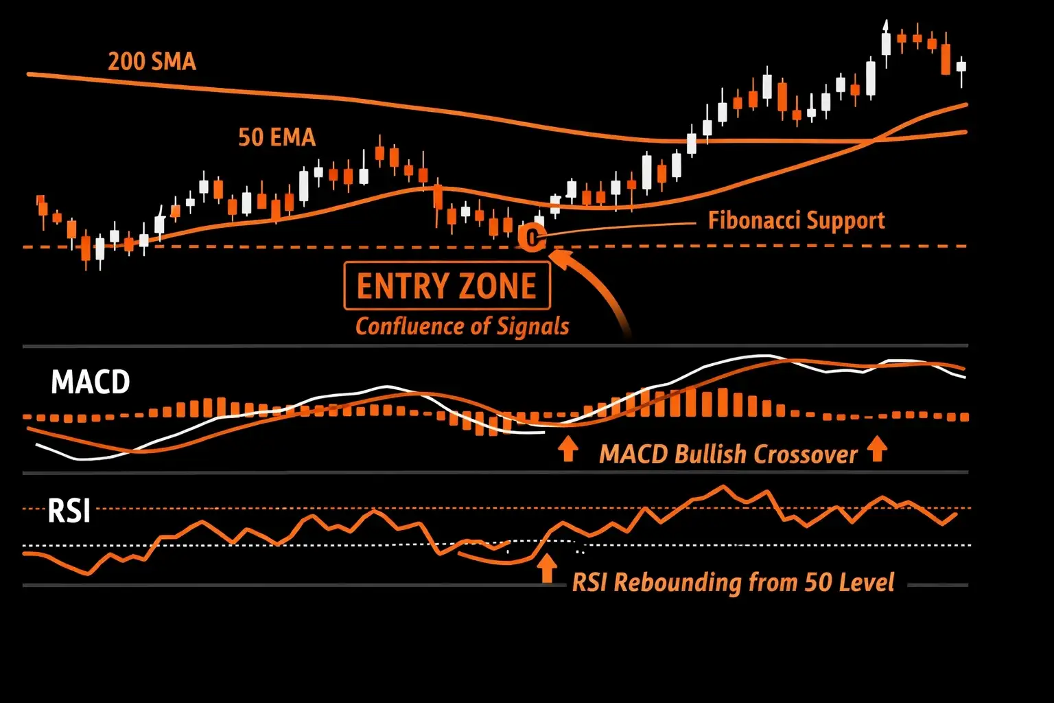 Chart showing moving averages MACD and RSI indicator confluence at a position trade entry point - MonkeyTrade Chart showing moving averages MACD and RSI indicator confluence at a position trade entry point