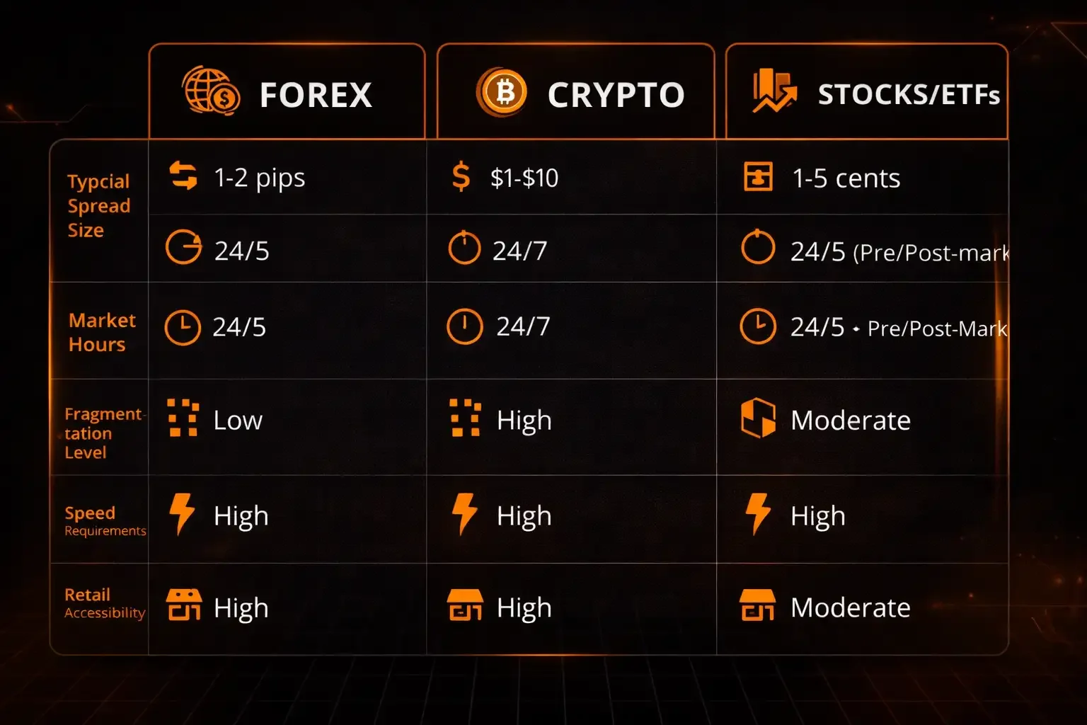 Comparison graphic of forex crypto and stock_ETF markets showing arbitrage characteristics including spread size market hours and accessibility - MonkeyTrade Comparison graphic of forex crypto and stock_ETF markets showing arbitrage characteristics including spread size market hours and accessibility