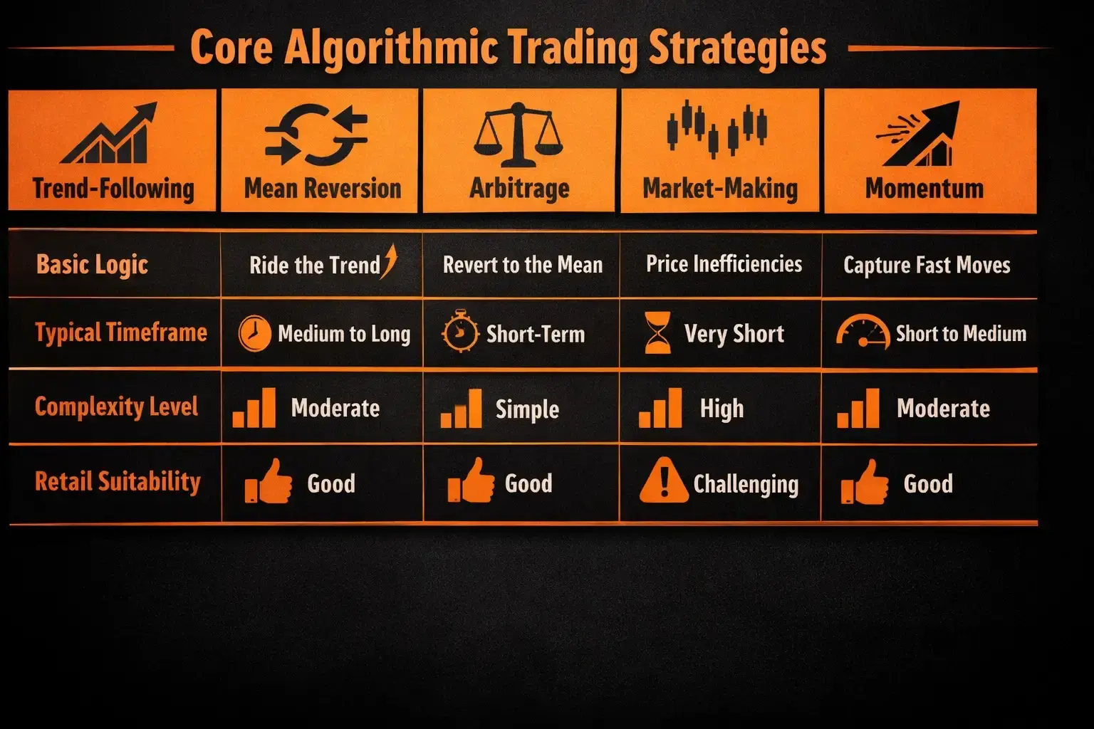 Comparison of five core algorithmic trading strategies showing timeframe complexity and retail suitability - MonkeyTrade Comparison of five core algorithmic trading strategies showing timeframe complexity and retail suitability