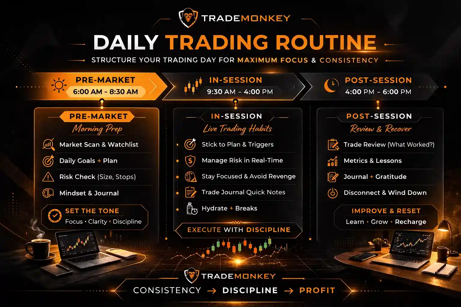 Daily trading timeline divided into pre-market in-session and post-session habit blocks - MonkeyTrade Daily trading timeline divided into pre-market in-session and post-session habit blocks