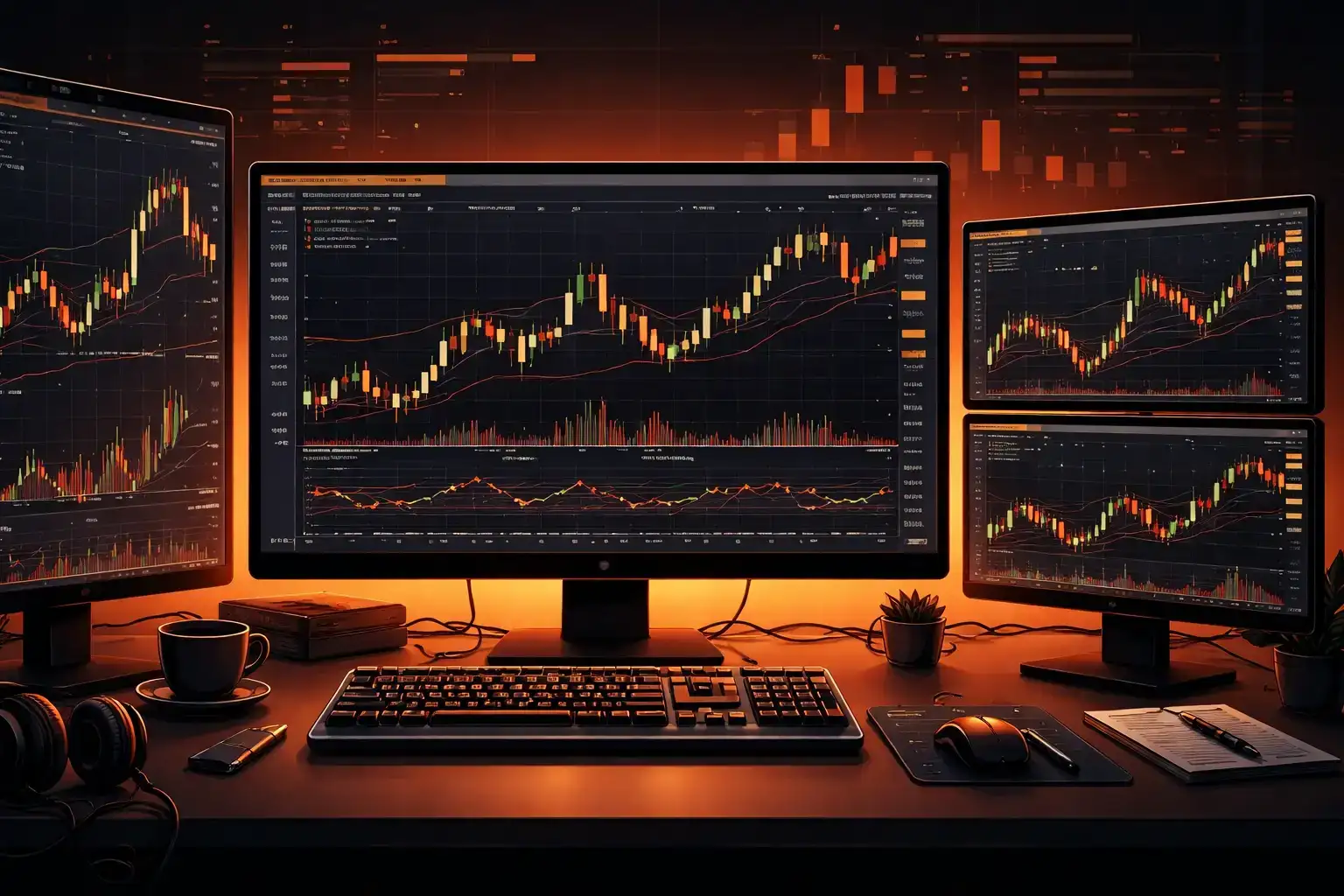 Day trading workstation setup with multiple screens showing intraday candlestick charts