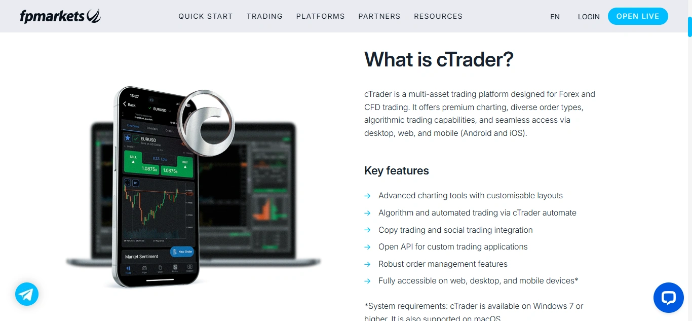 FP Markets cTrader platform showing EUR/USD chart and order entry - MonkeyTrade FP Markets cTrader platform showing EUR/USD chart and order entry