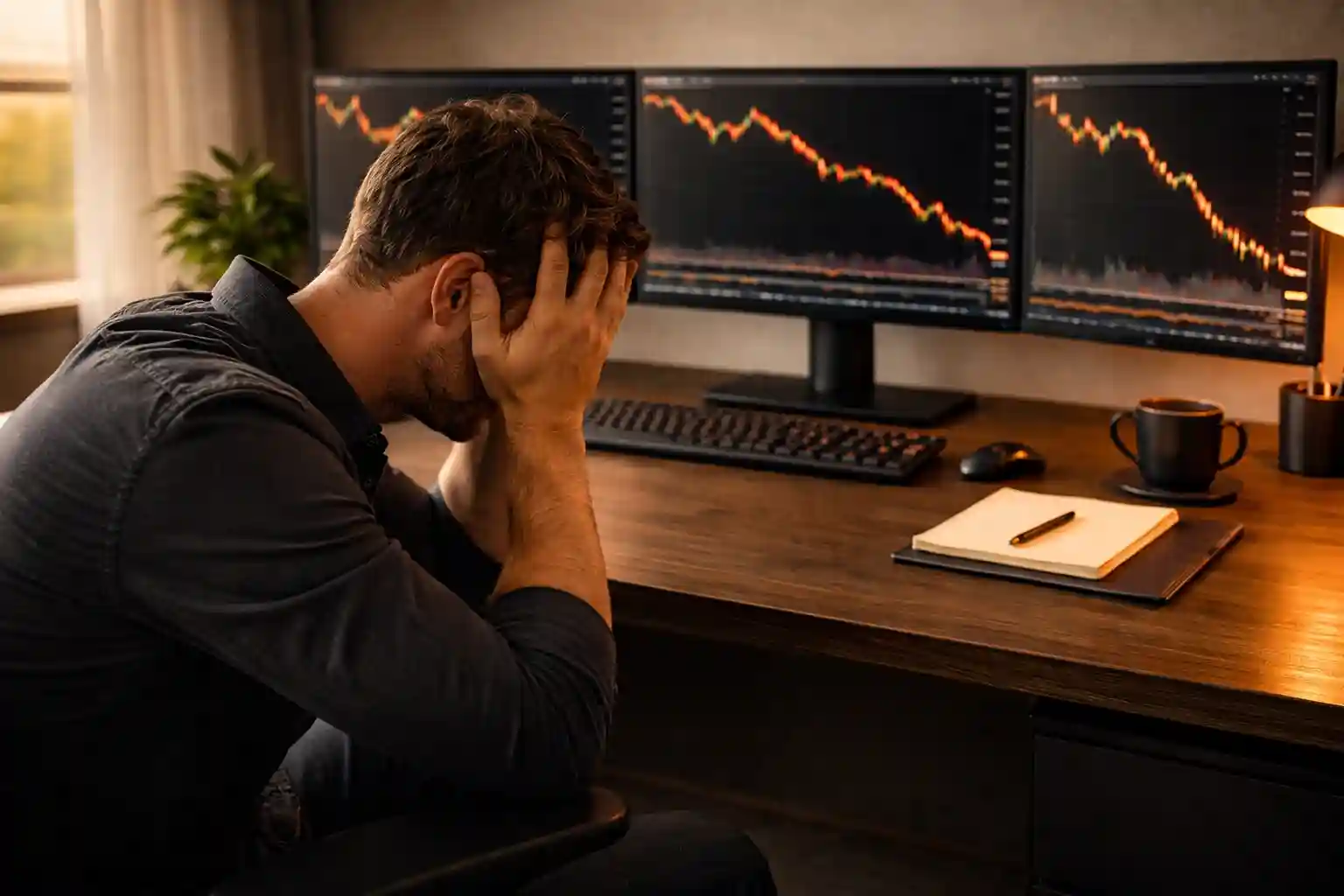 Fatigued trader with head in hands at a multi-monitor trading desk displaying market charts