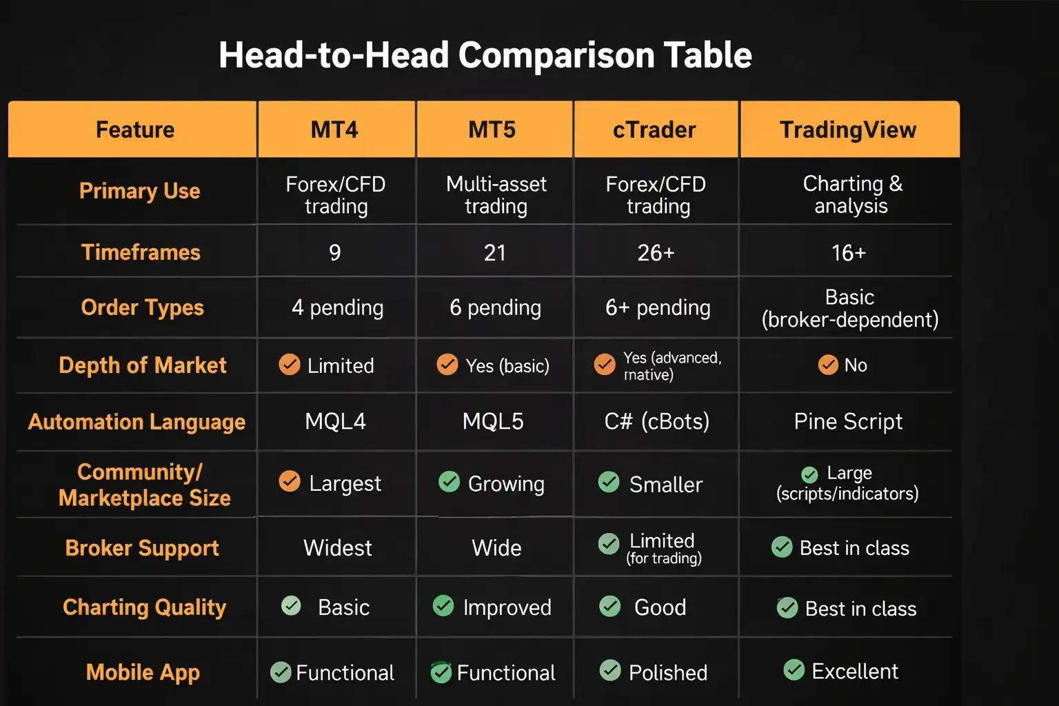 Feature comparison table for MT4 MT5 cTrader and TradingView trading platforms