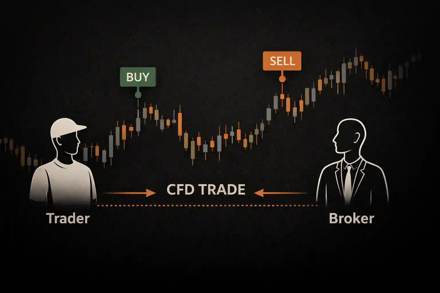 Illustration of a CFD trade showing a trader and broker connected by a price chart with buy and sell arrows - MonkeyTrade Illustration of a CFD trade showing a trader and broker connected by a price chart with buy and sell arrows