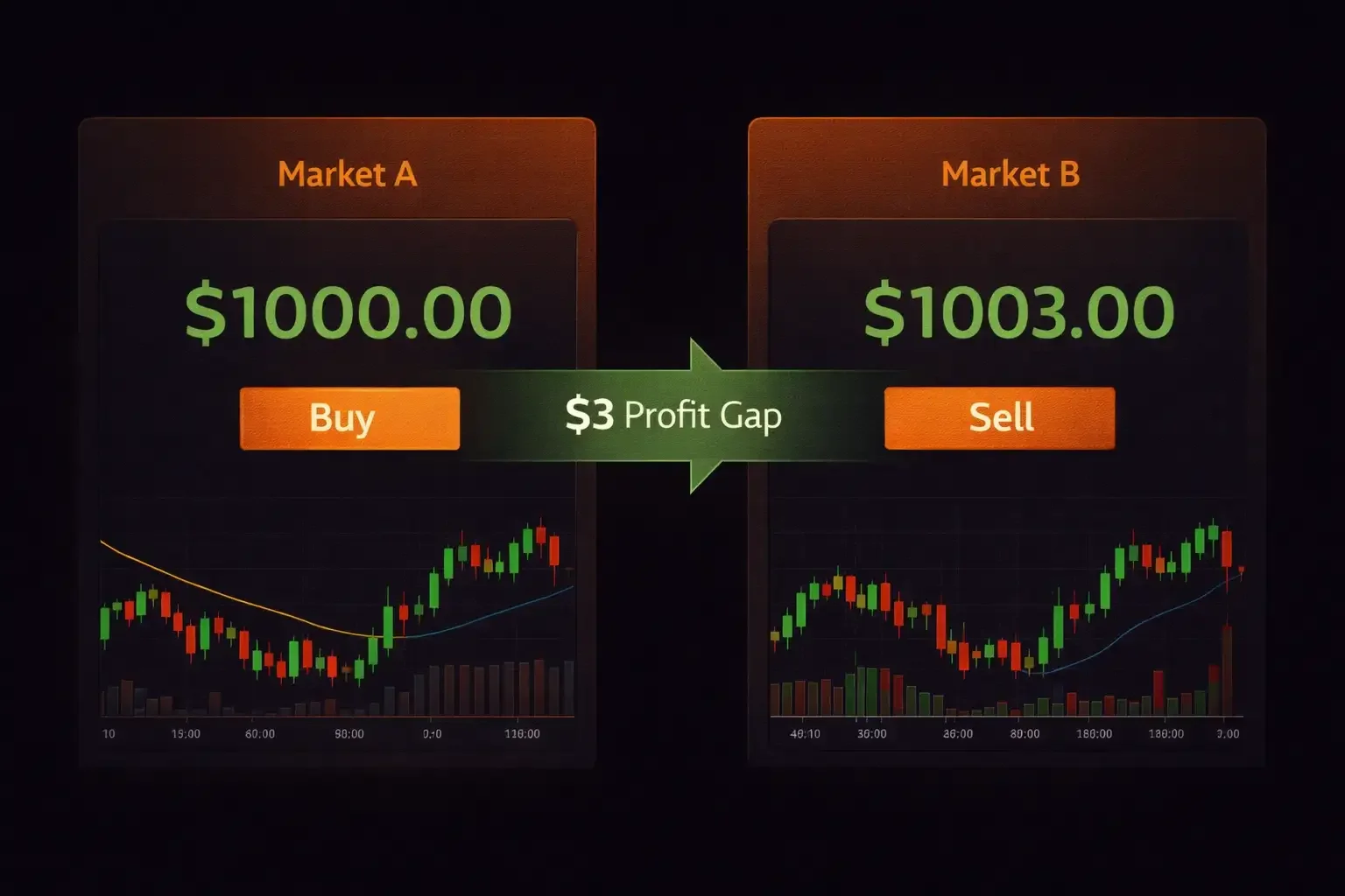 Illustration showing two market screens displaying different prices for the same asset with an arrow highlighting the arbitrage profit gap - MonkeyTrade Illustration showing two market screens displaying different prices for the same asset with an arrow highlighting the arbitrage profit gap