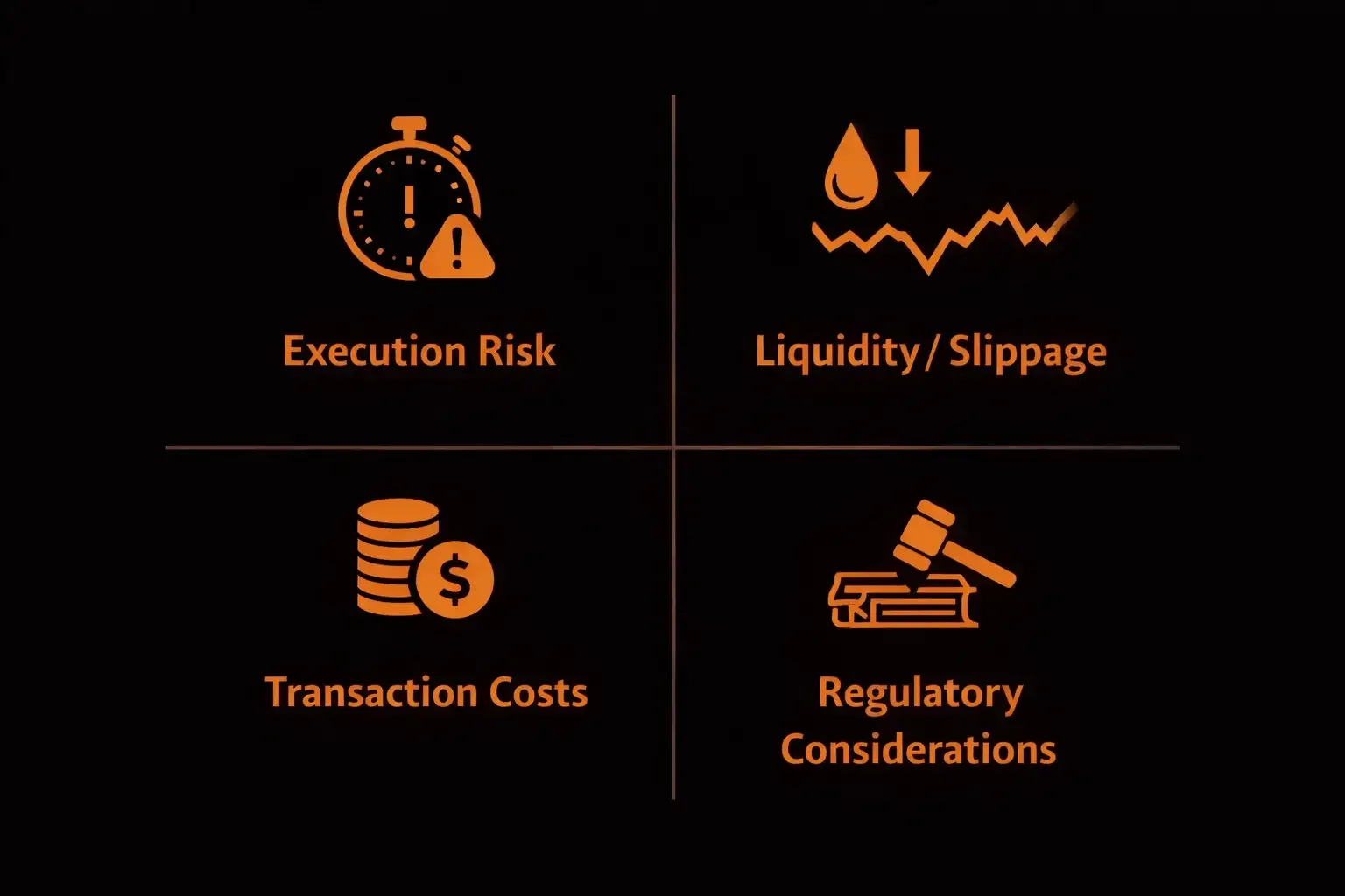 Infographic showing four key arbitrage trading risks_ execution risk liquidity and slippage transaction costs and regulatory considerations - MonkeyTrade Infographic showing four key arbitrage trading risks_ execution risk liquidity and slippage transaction costs and regulatory considerations
