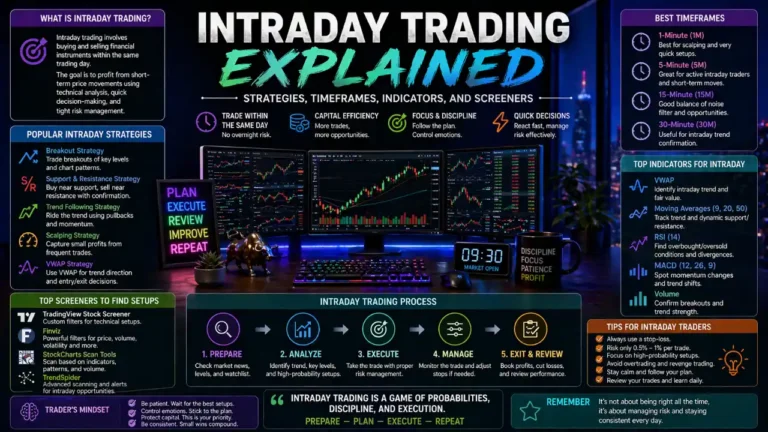 Intraday Trading Explained: Strategies, Timeframes, Indicators, and Screeners