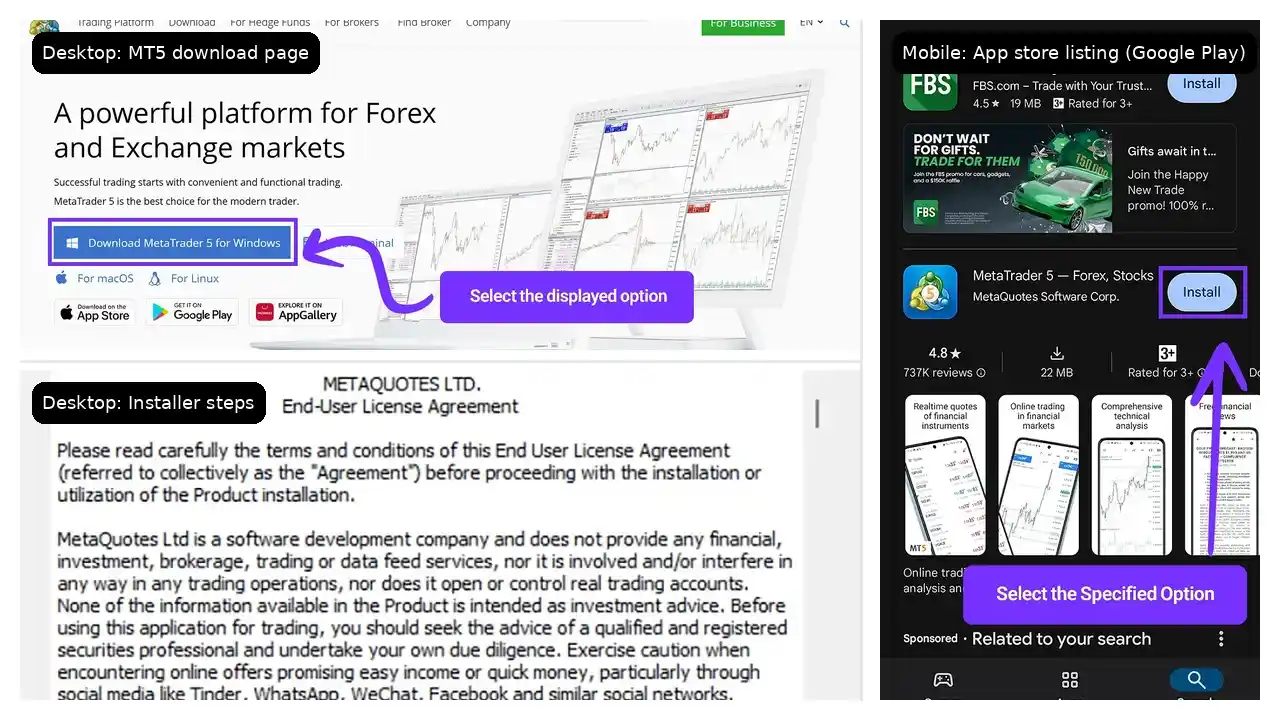 MetaTrader 5 download page and installation steps on desktop alongside mobile app store listing - MonkeyTrade MetaTrader 5 download page and installation steps on desktop alongside mobile app store listing