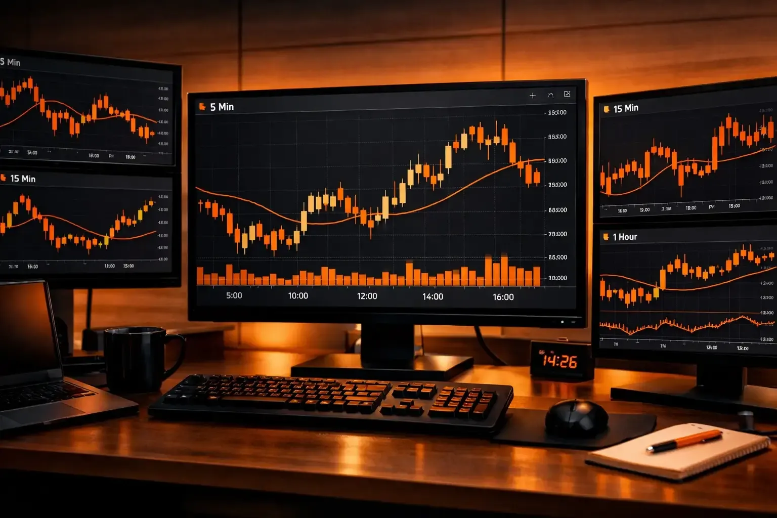 Professional intraday trading workstation with multiple screens showing candlestick charts and intraday timeframes - MonkeyTrade Professional intraday trading workstation with multiple screens showing candlestick charts and intraday timeframes