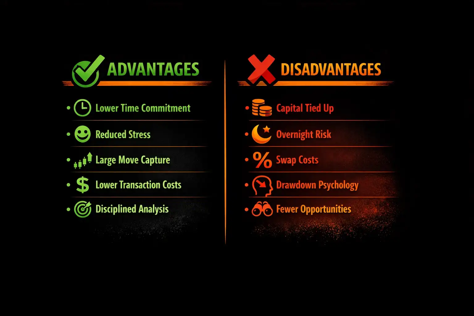 Pros and cons infographic listing the advantages and disadvantages of position trading - MonkeyTrade Pros and cons infographic listing the advantages and disadvantages of position trading